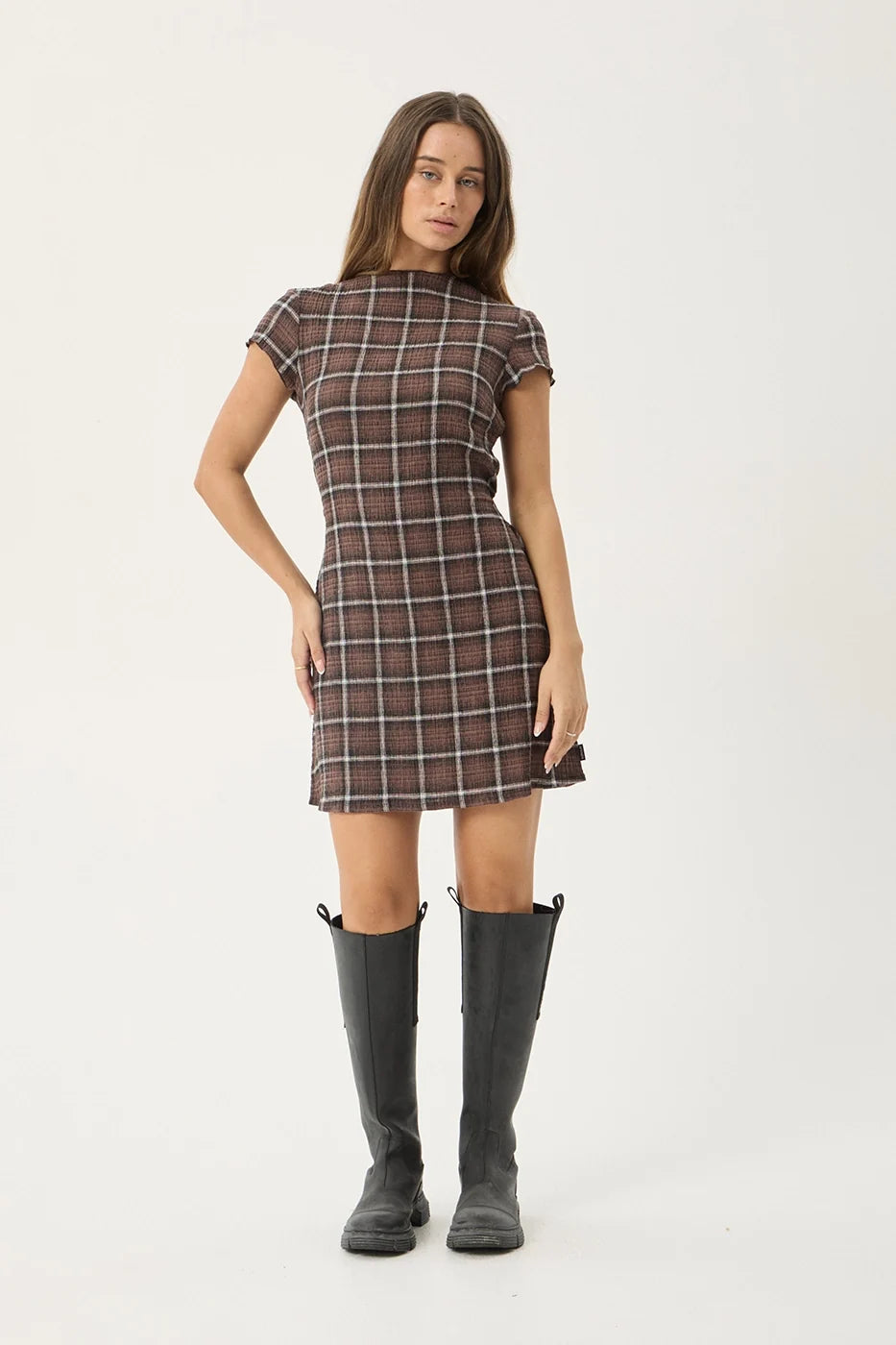 Womens Seersucker Mini Dress Elodie - Reverie Coffee Check - AFENDS