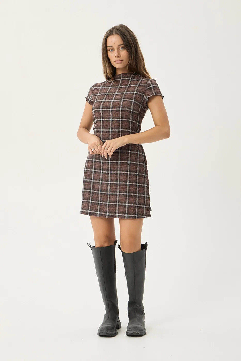 Womens Seersucker Mini Dress Elodie - Reverie Coffee Check - AFENDS