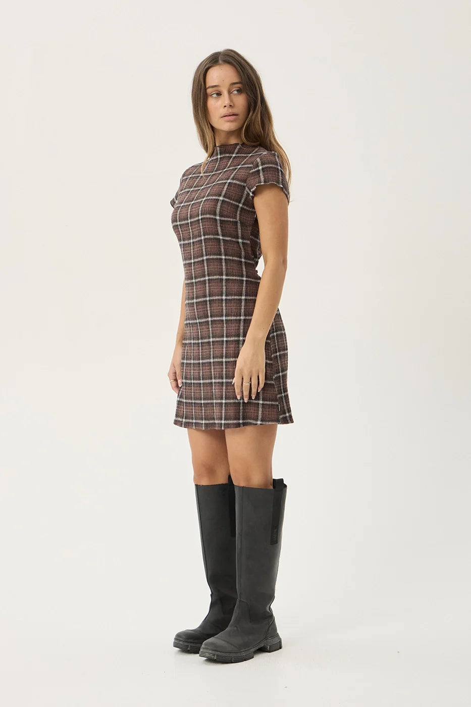 Womens Seersucker Mini Dress Elodie - Reverie Coffee Check - AFENDS