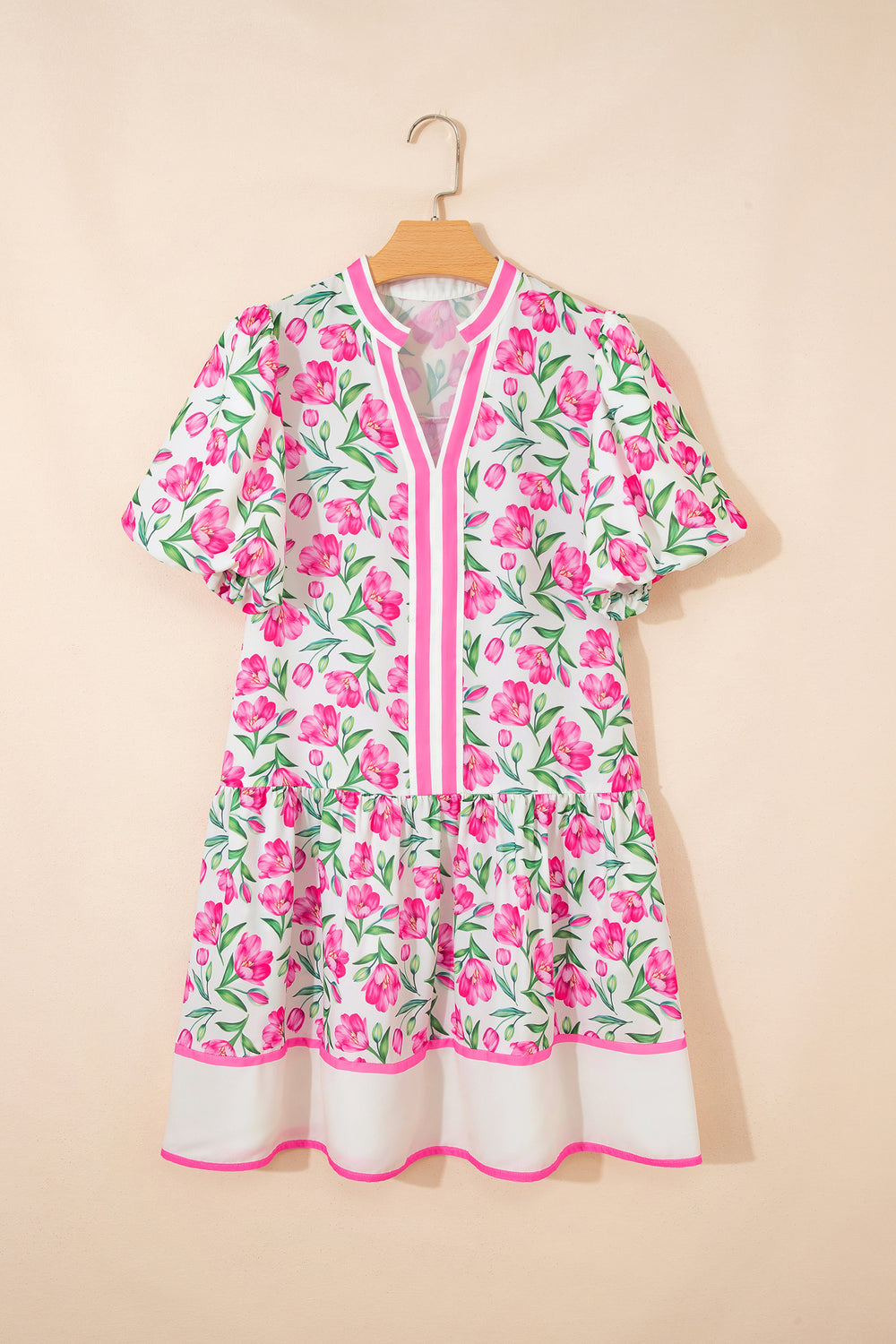 Multicolour Sweet Floral Print Striped Color Block Trim Short Dress