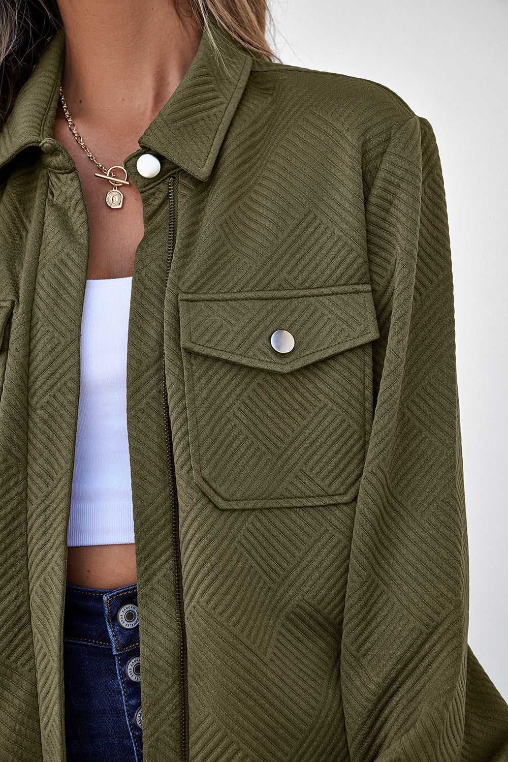Blackish Green Solid Color Zip Up Button Flap Pocket Shirt Collar J...