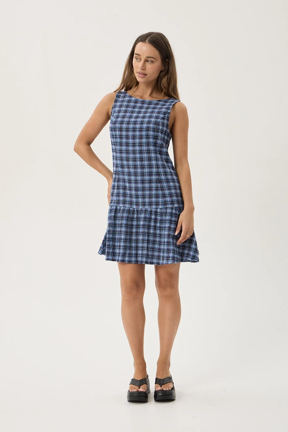 Womens Seersucker Mini Dress Mountains - Navy Red Check - AFENDS