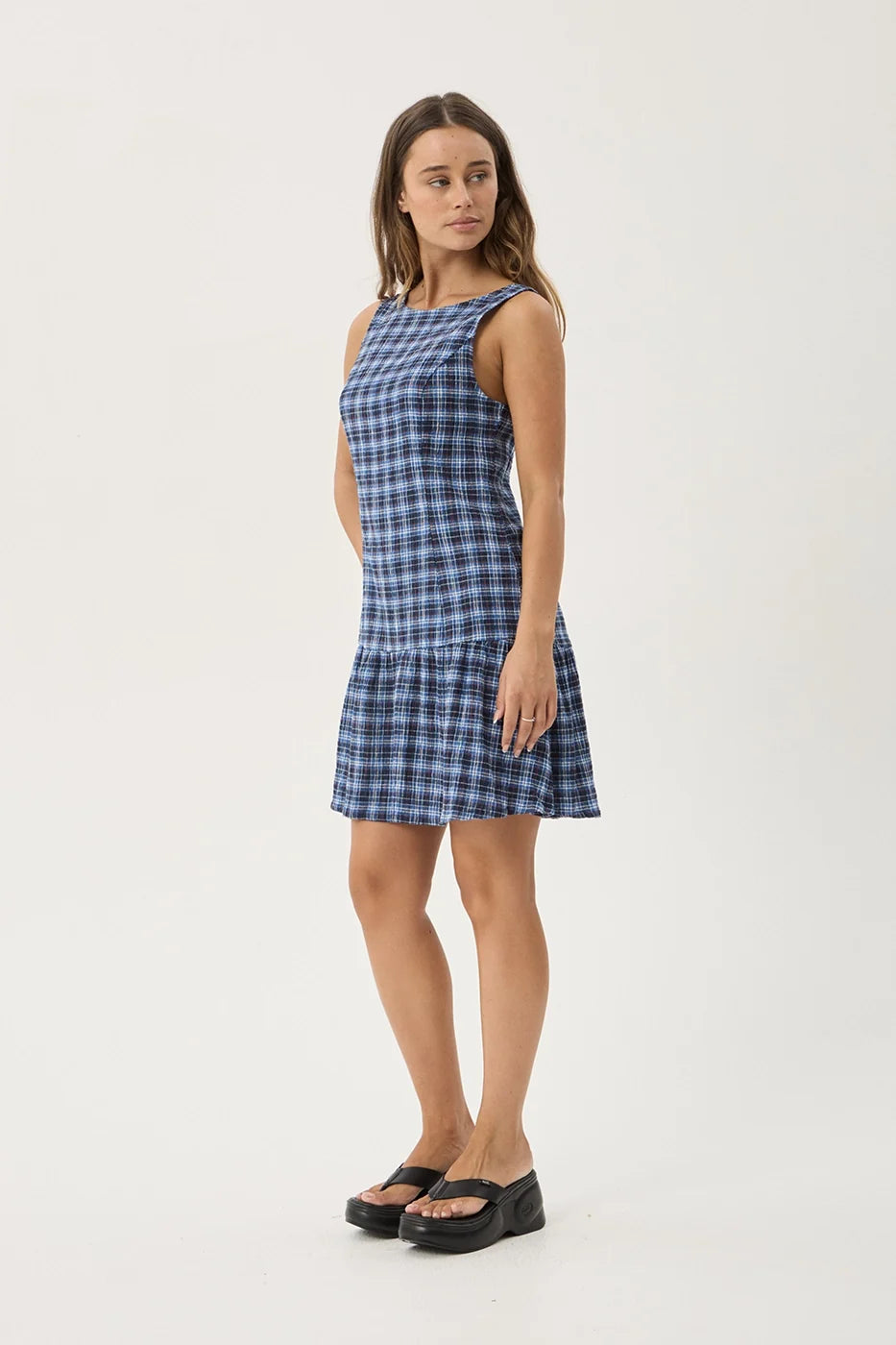 Womens Seersucker Mini Dress Mountains - Navy Red Check - AFENDS