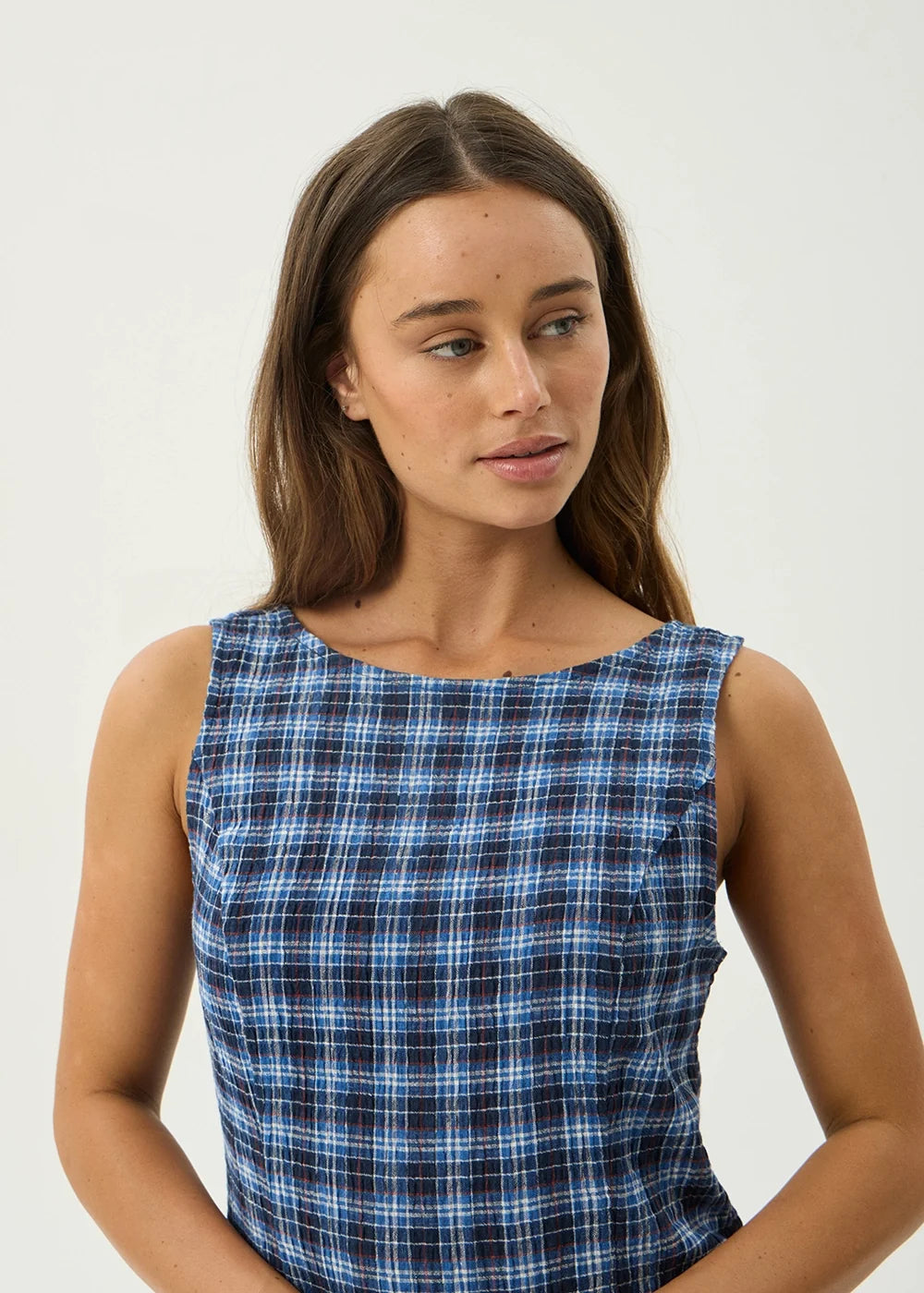 Womens Seersucker Mini Dress Mountains - Navy Red Check - AFENDS