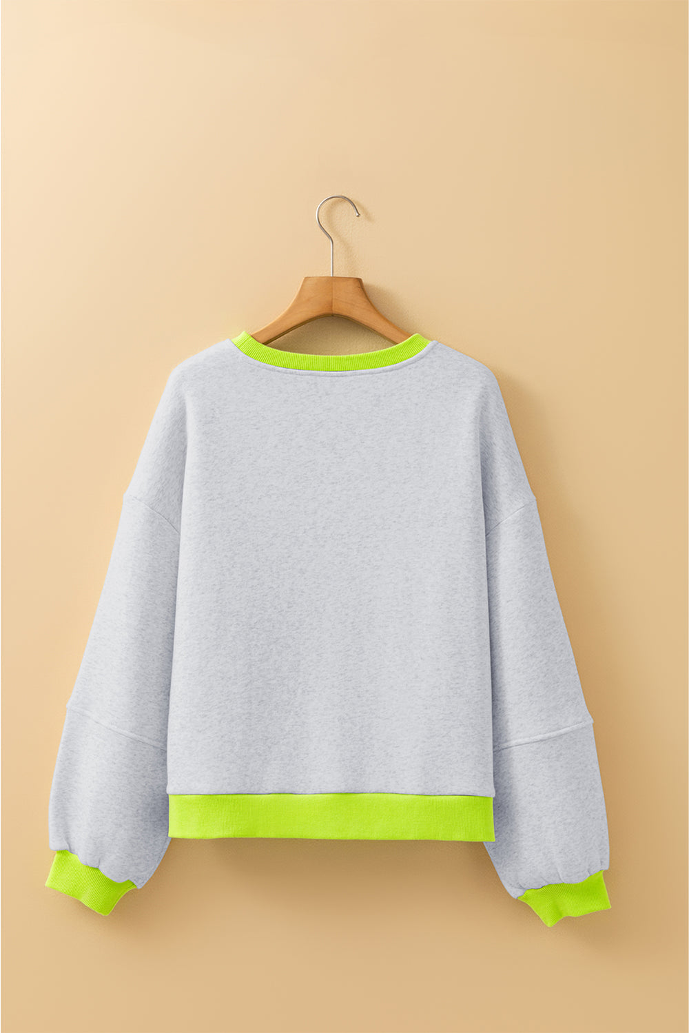 Light Grey Contrast Color Banding Patchwork Puff Sleeve Loose Sweat...