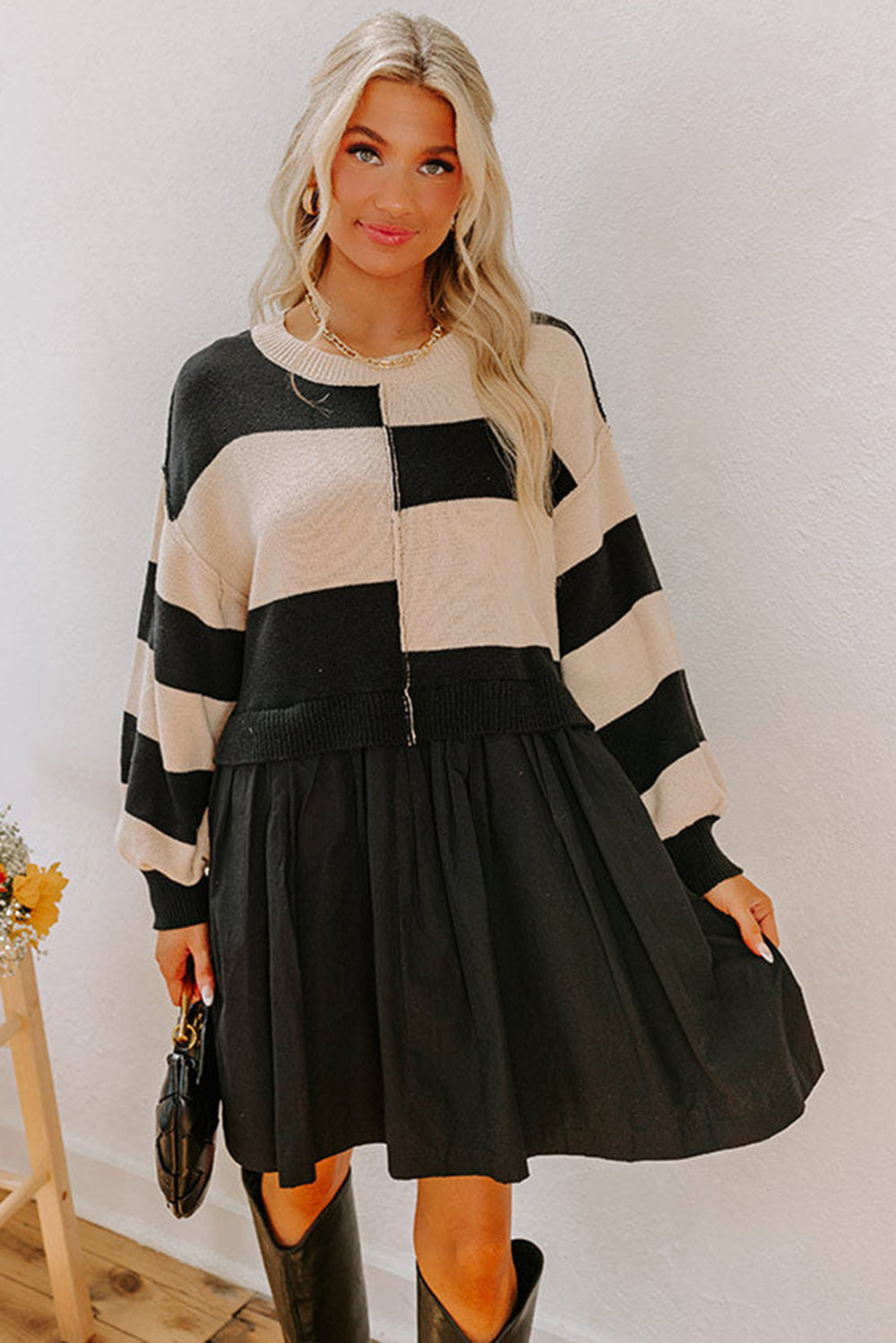 Black Stripe Two in One Knitted Top High Waist Splicing Hem Sweater