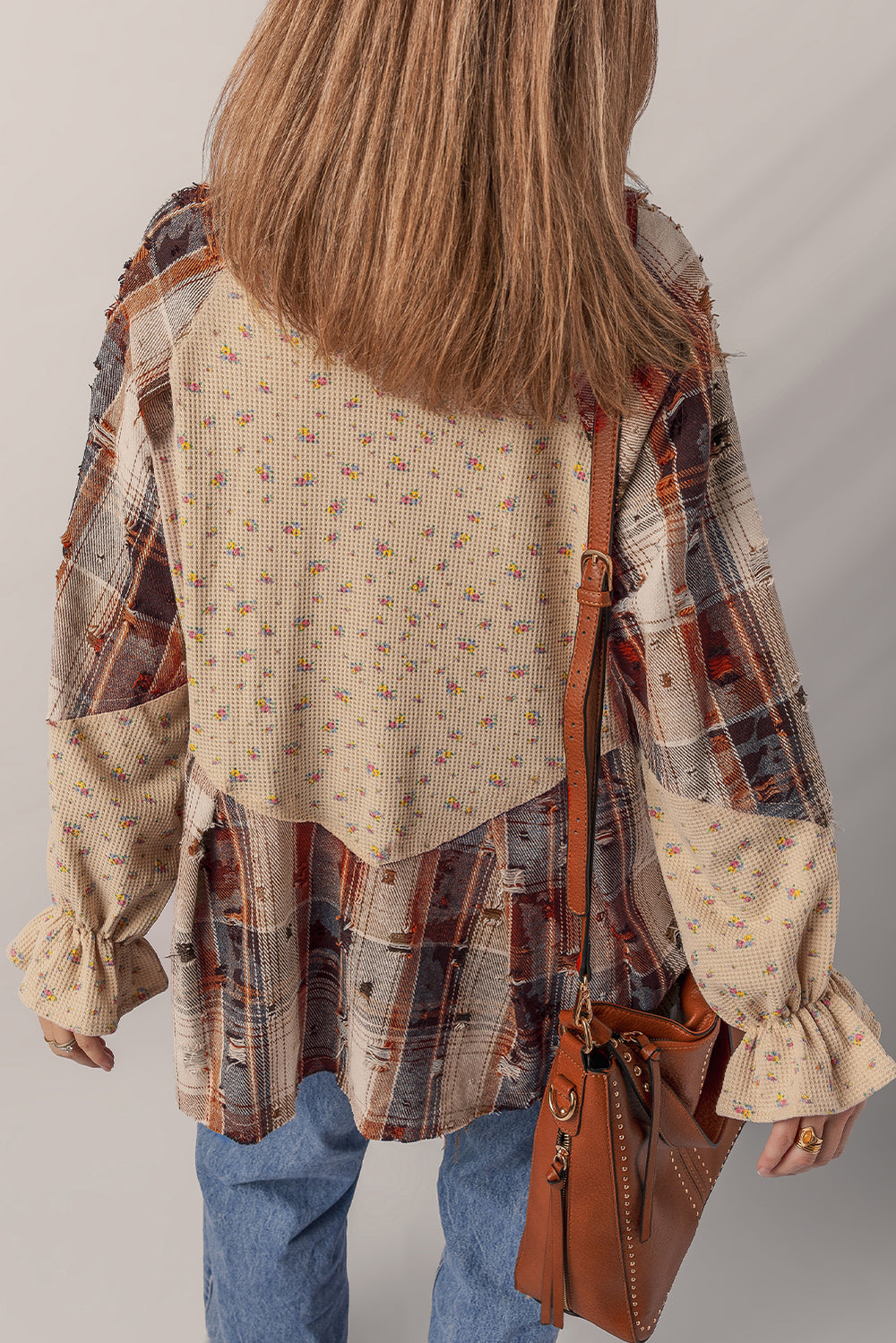 Oatmeal Boho Floral Plaid Patchwork Distressed Detail Ruffled Sleev...