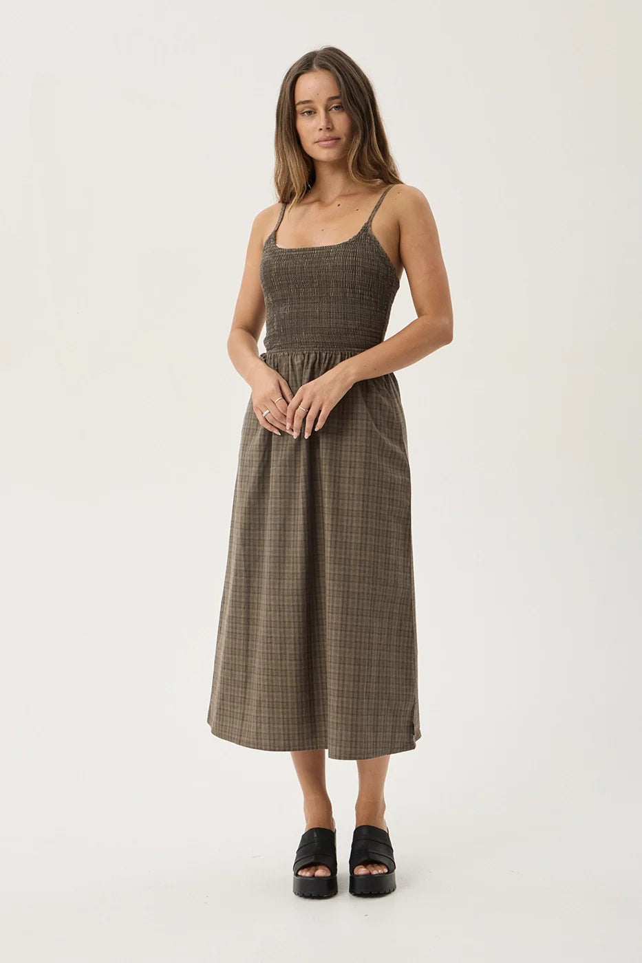 Womens Midi Dress Shadow - Stone Check - AFENDS