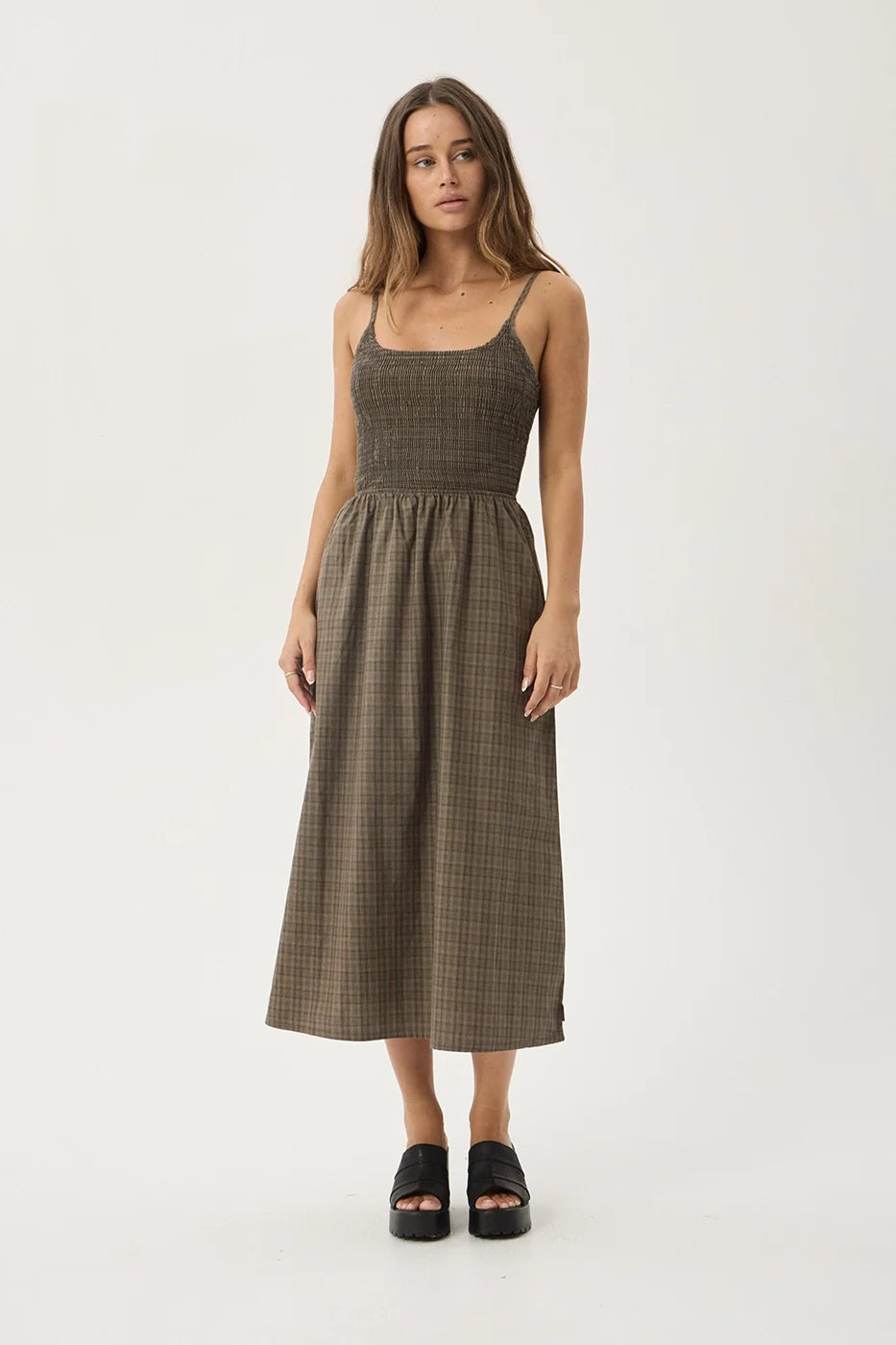 Womens Midi Dress Shadow - Stone Check - AFENDS