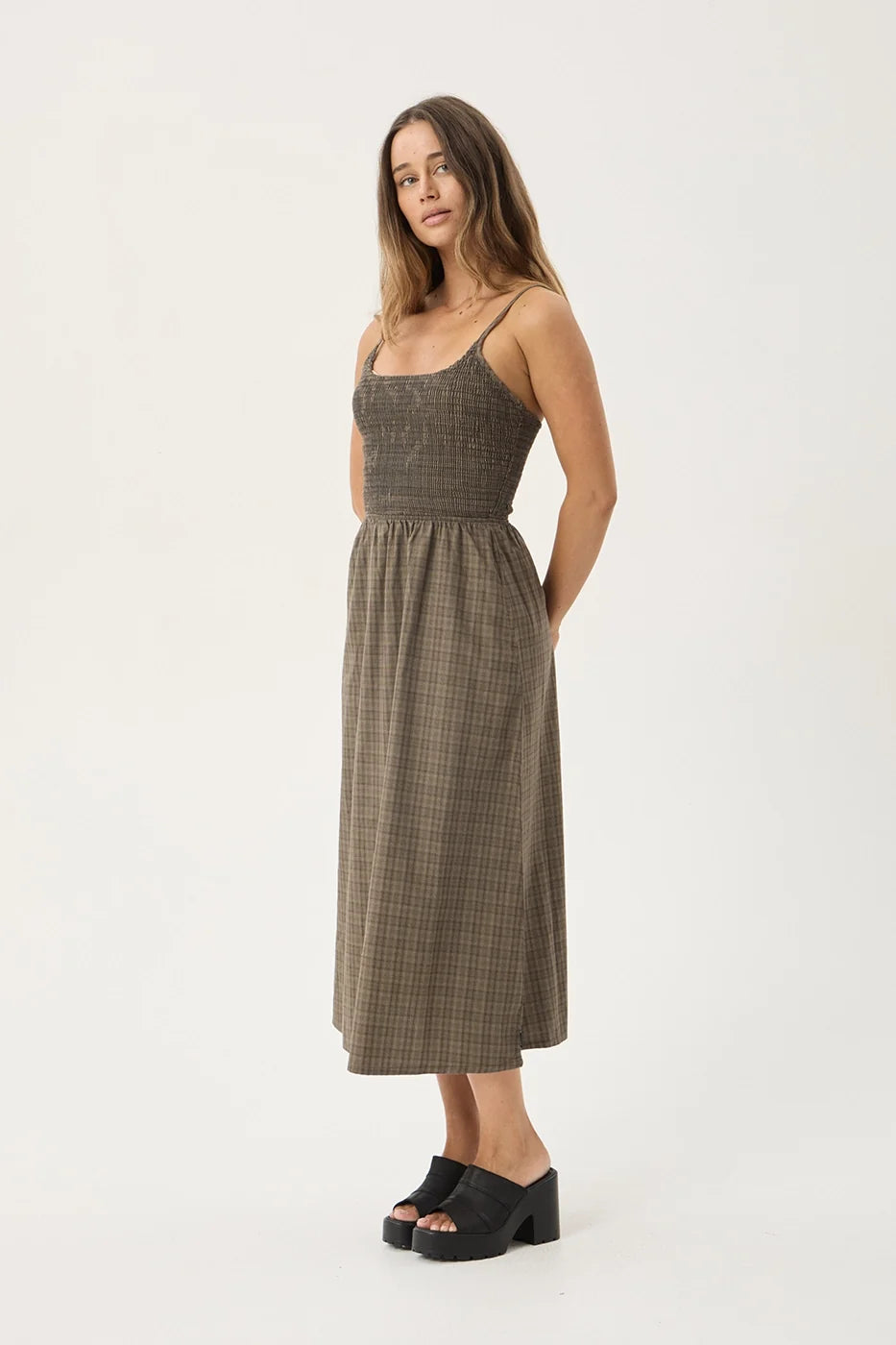 Womens Midi Dress Shadow - Stone Check - AFENDS