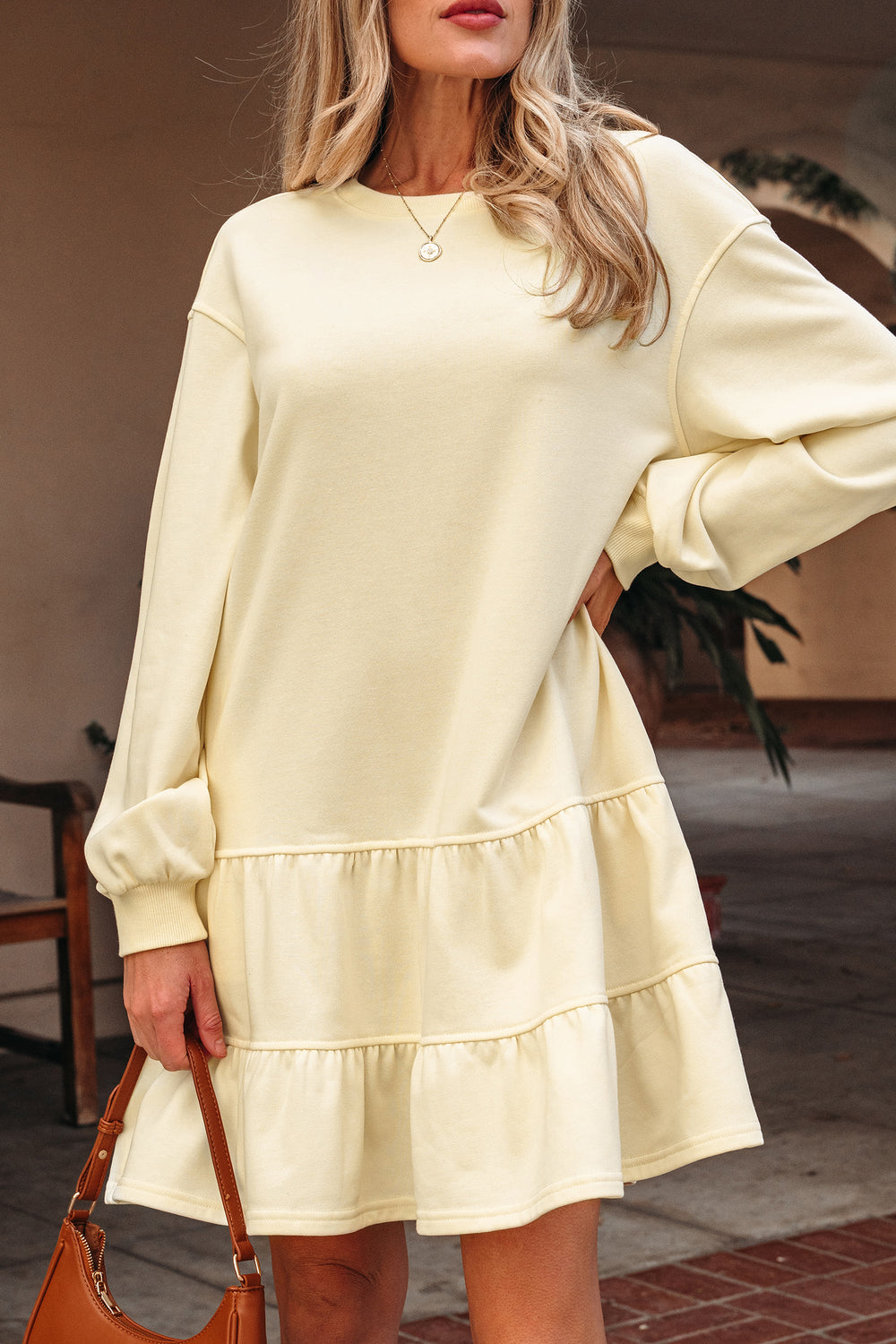 Beige Double Tiered Ruffle Hem Long Sleeve Loose Mini Dress