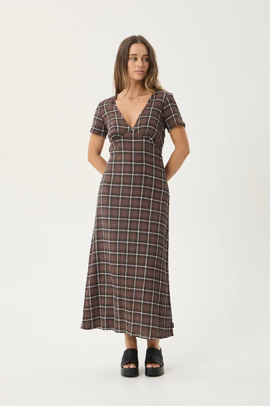 Womens Seersucker Maxi Dress Reverie - Coffee Check - AFENDS