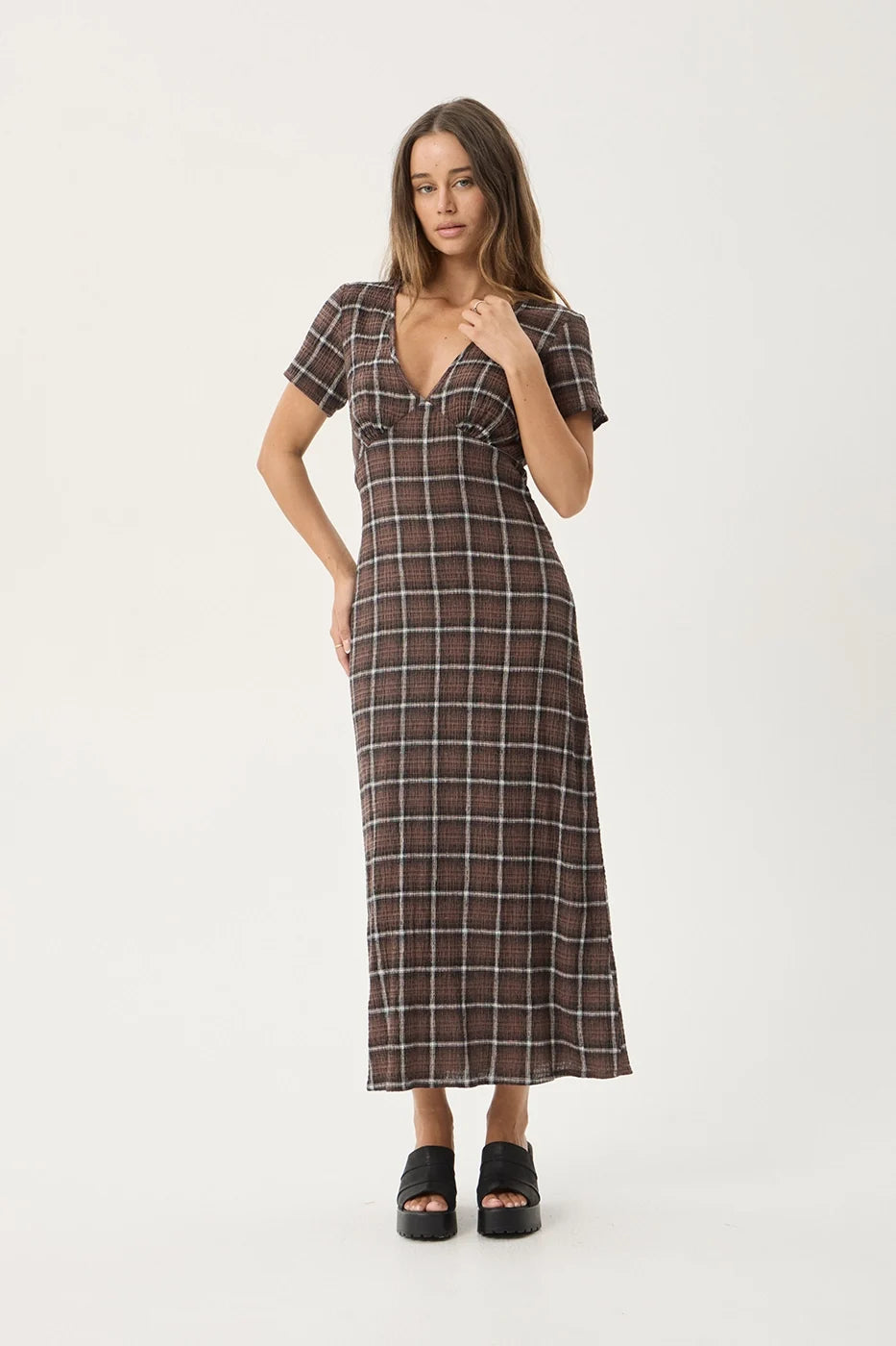 Womens Seersucker Maxi Dress Reverie - Coffee Check - AFENDS