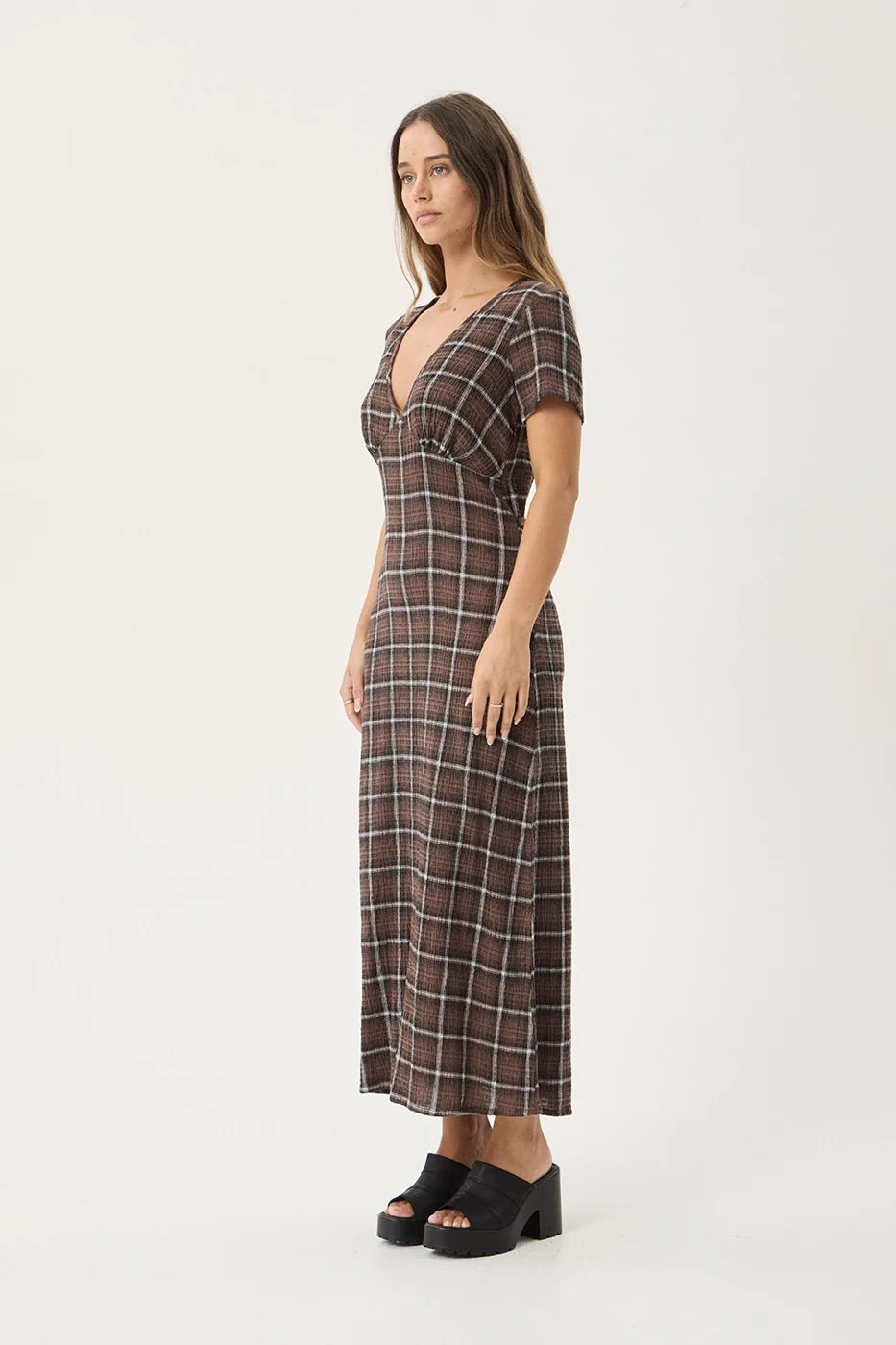Womens Seersucker Maxi Dress Reverie - Coffee Check - AFENDS