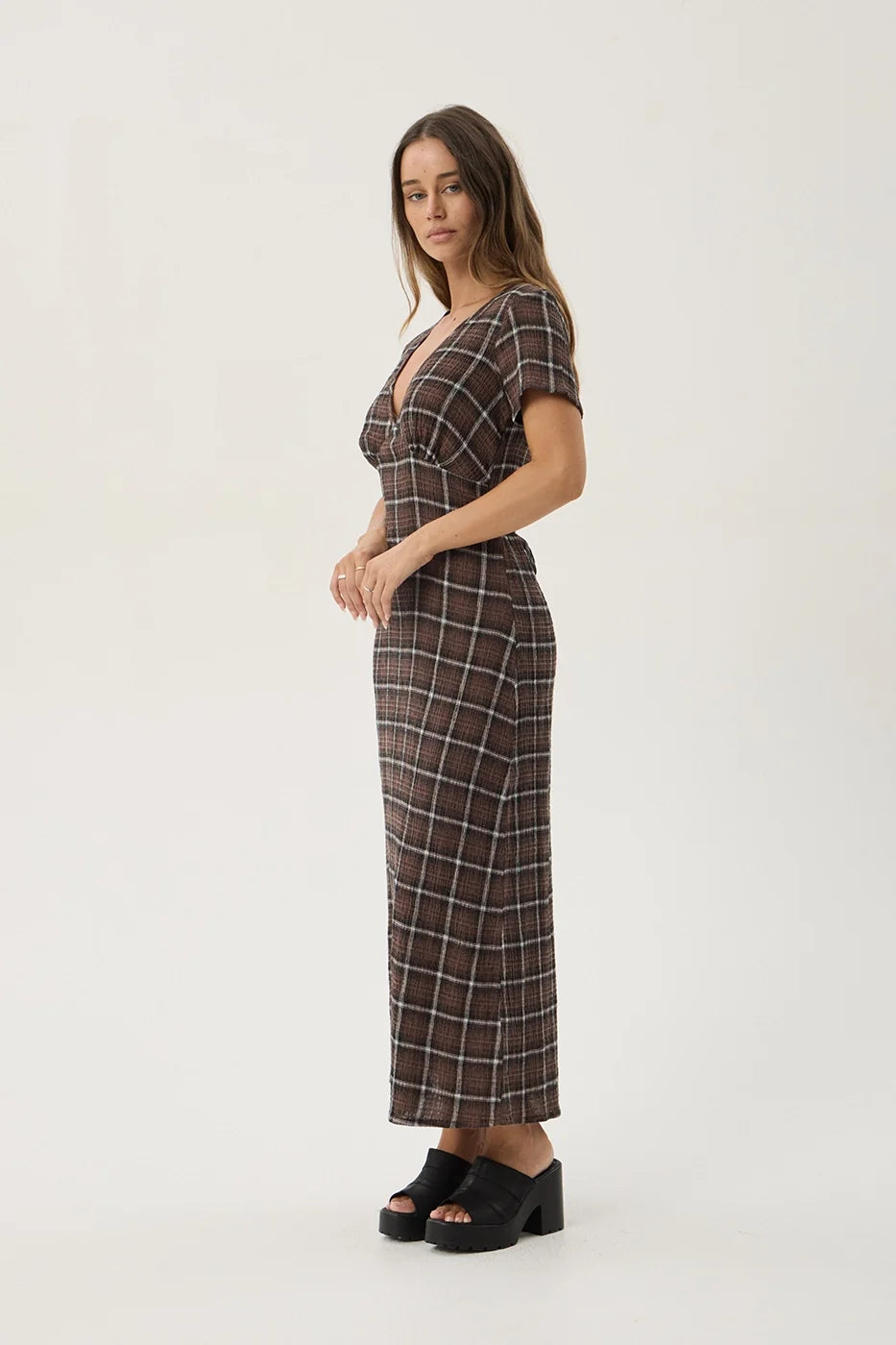 Womens Seersucker Maxi Dress Reverie - Coffee Check - AFENDS