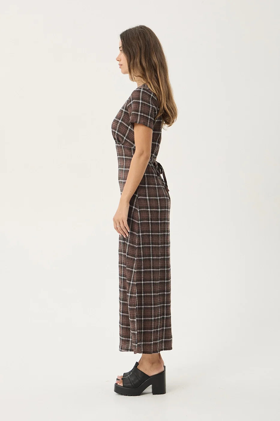 Womens Seersucker Maxi Dress Reverie - Coffee Check - AFENDS