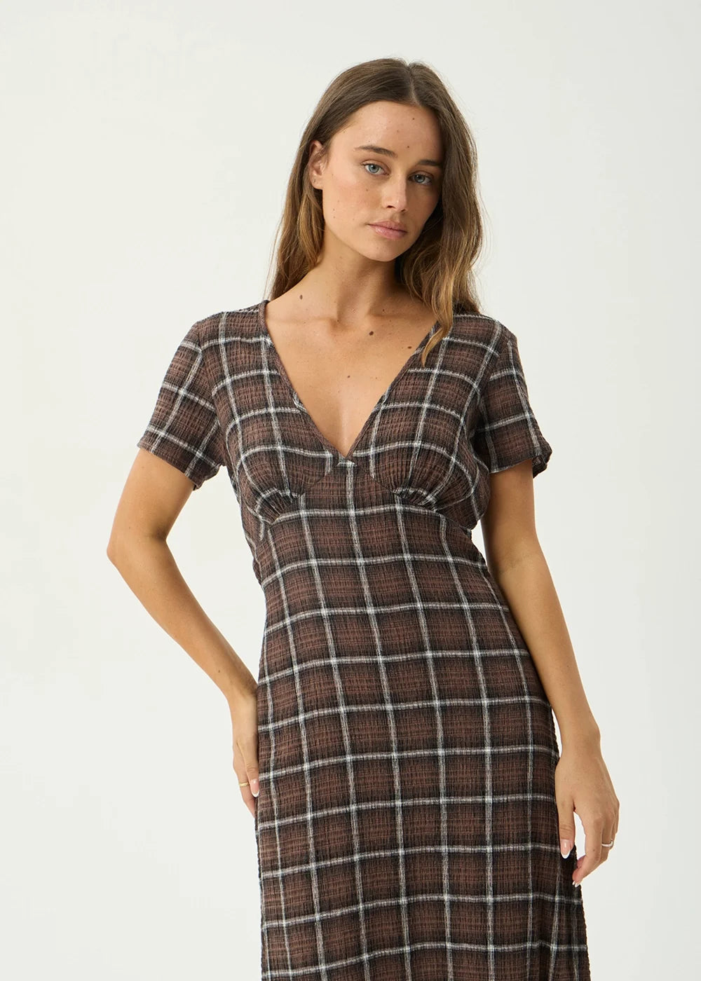 Womens Seersucker Maxi Dress Reverie - Coffee Check - AFENDS
