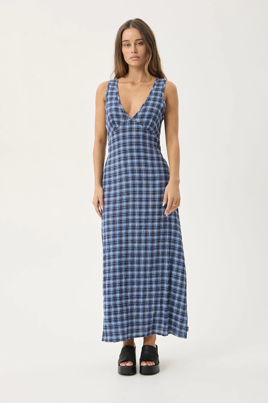 Womens Seersucker Maxi Dress Tully - Mountains Navy Red Check - AFENDS