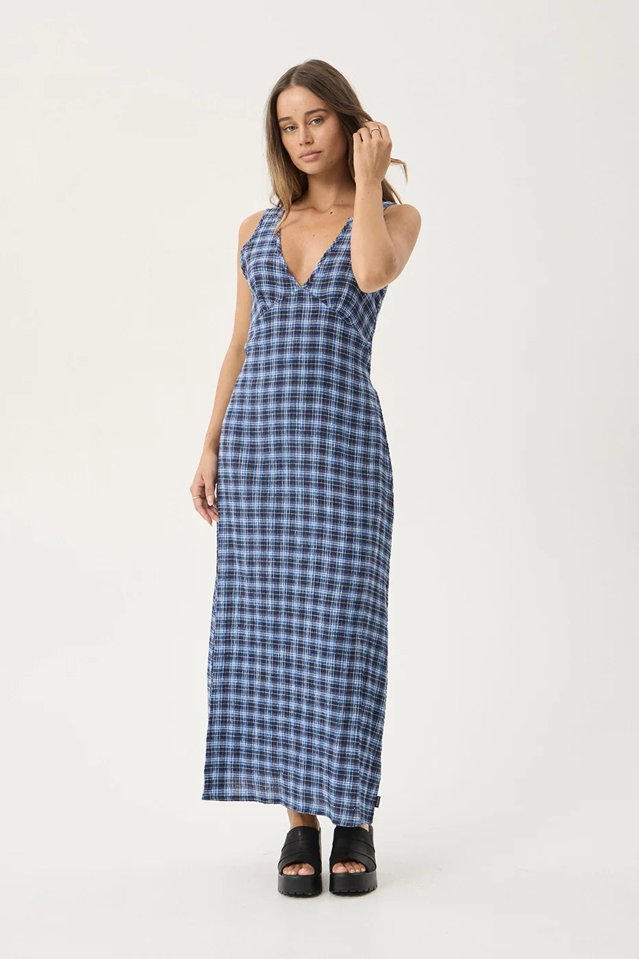 Womens Seersucker Maxi Dress Tully - Mountains Navy Red Check - AFENDS