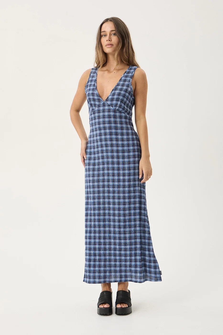 Womens Seersucker Maxi Dress Tully - Mountains Navy Red Check - AFENDS