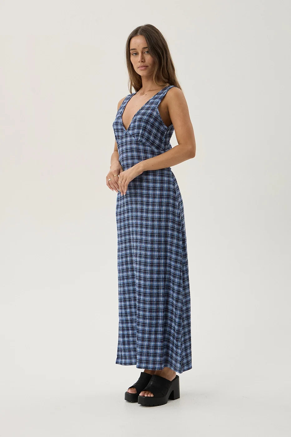 Womens Seersucker Maxi Dress Tully - Mountains Navy Red Check - AFENDS