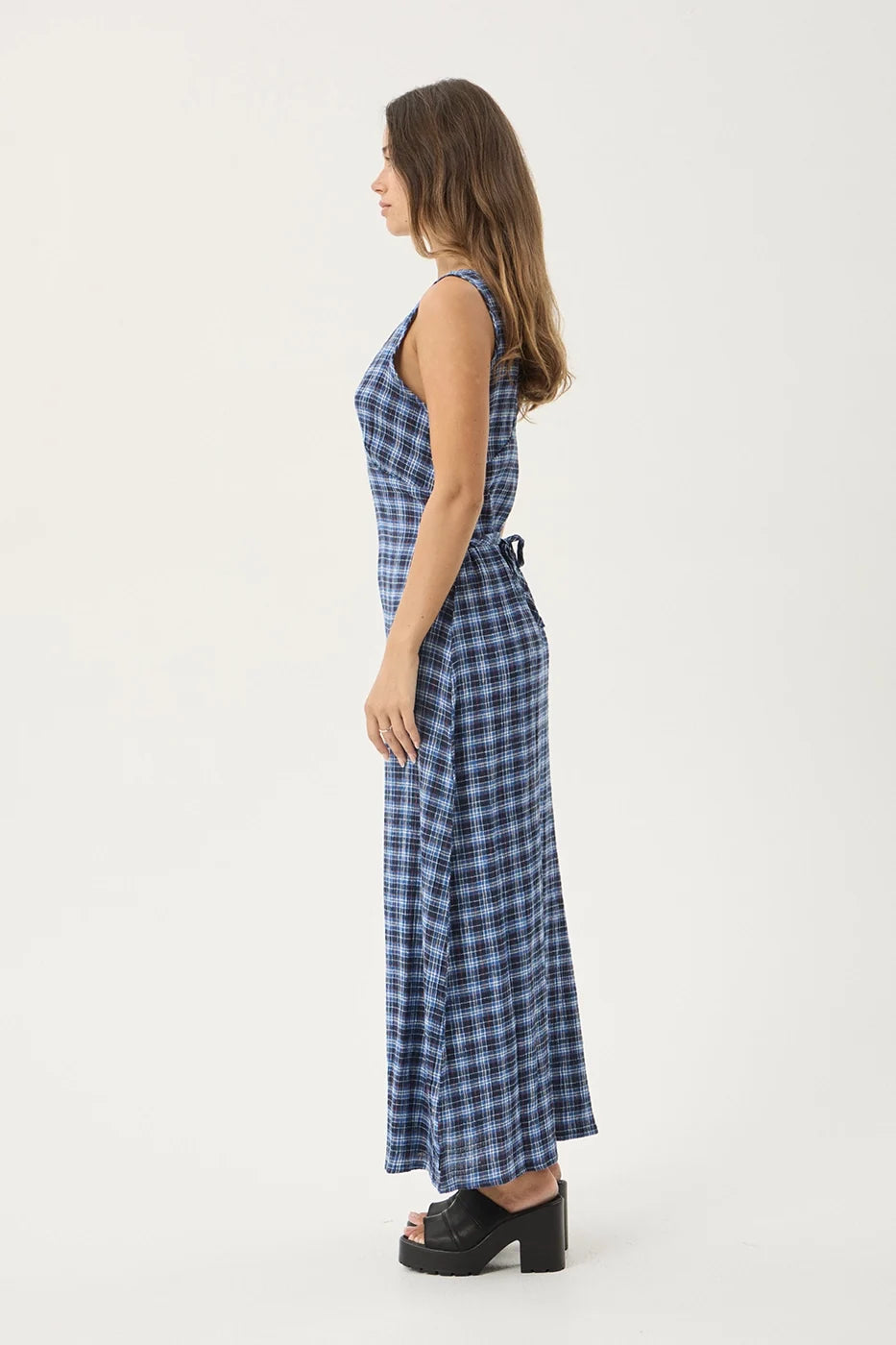 Womens Seersucker Maxi Dress Tully - Mountains Navy Red Check - AFENDS