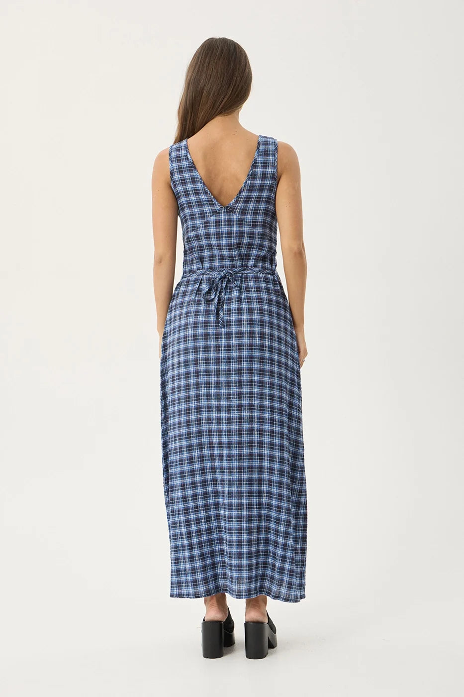 Womens Seersucker Maxi Dress Tully - Mountains Navy Red Check - AFENDS