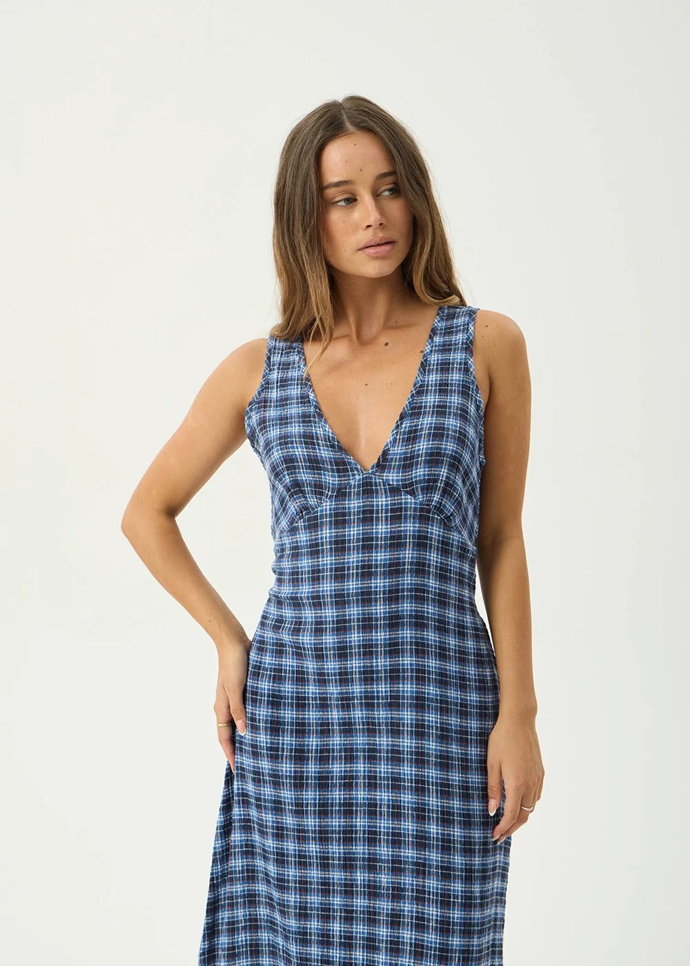 Womens Seersucker Maxi Dress Tully - Mountains Navy Red Check - AFENDS