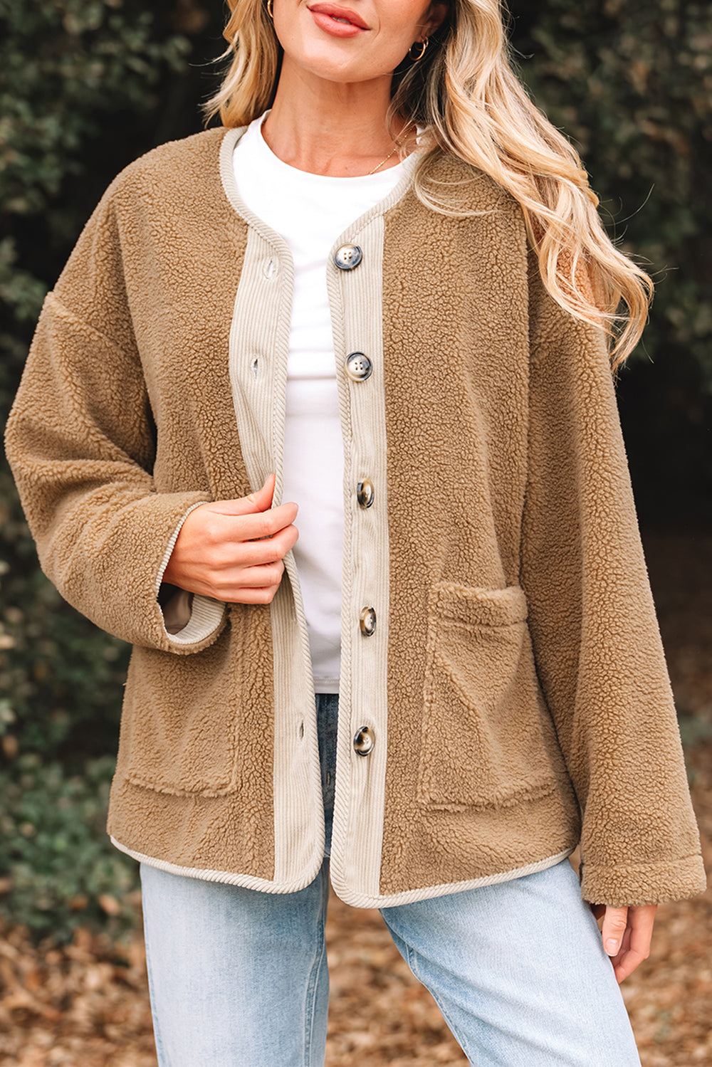 Light French Beige Puffy Plush Corduroy Edge Patchwork Jacket with ...