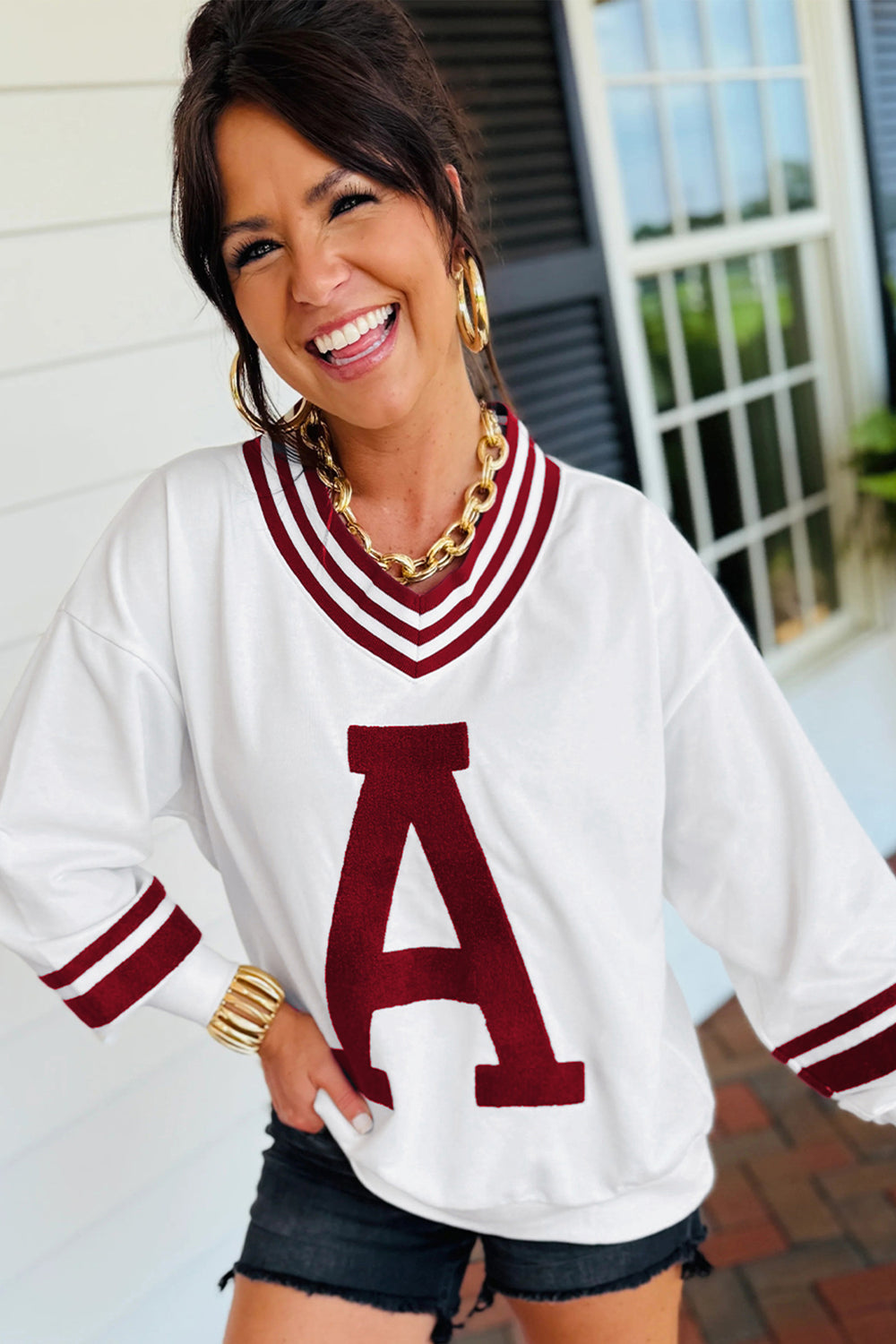 Red Dahlia Chenille Letter A Graphic Varsity Striped V Neck Puff Sl...