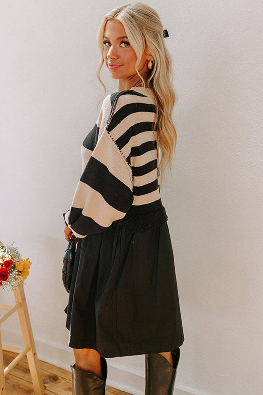 Black Stripe Two in One Knitted Top High Waist Splicing Hem Sweater