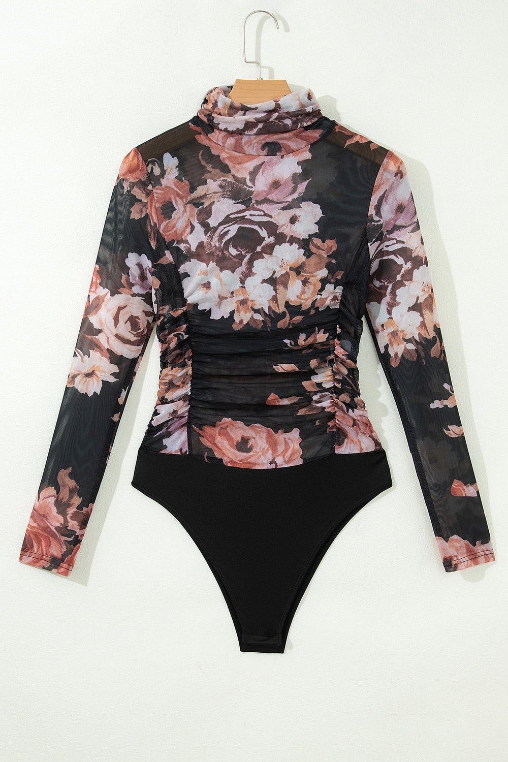 Brown Floral Mesh Long Sleeve High Neck Bodysuit