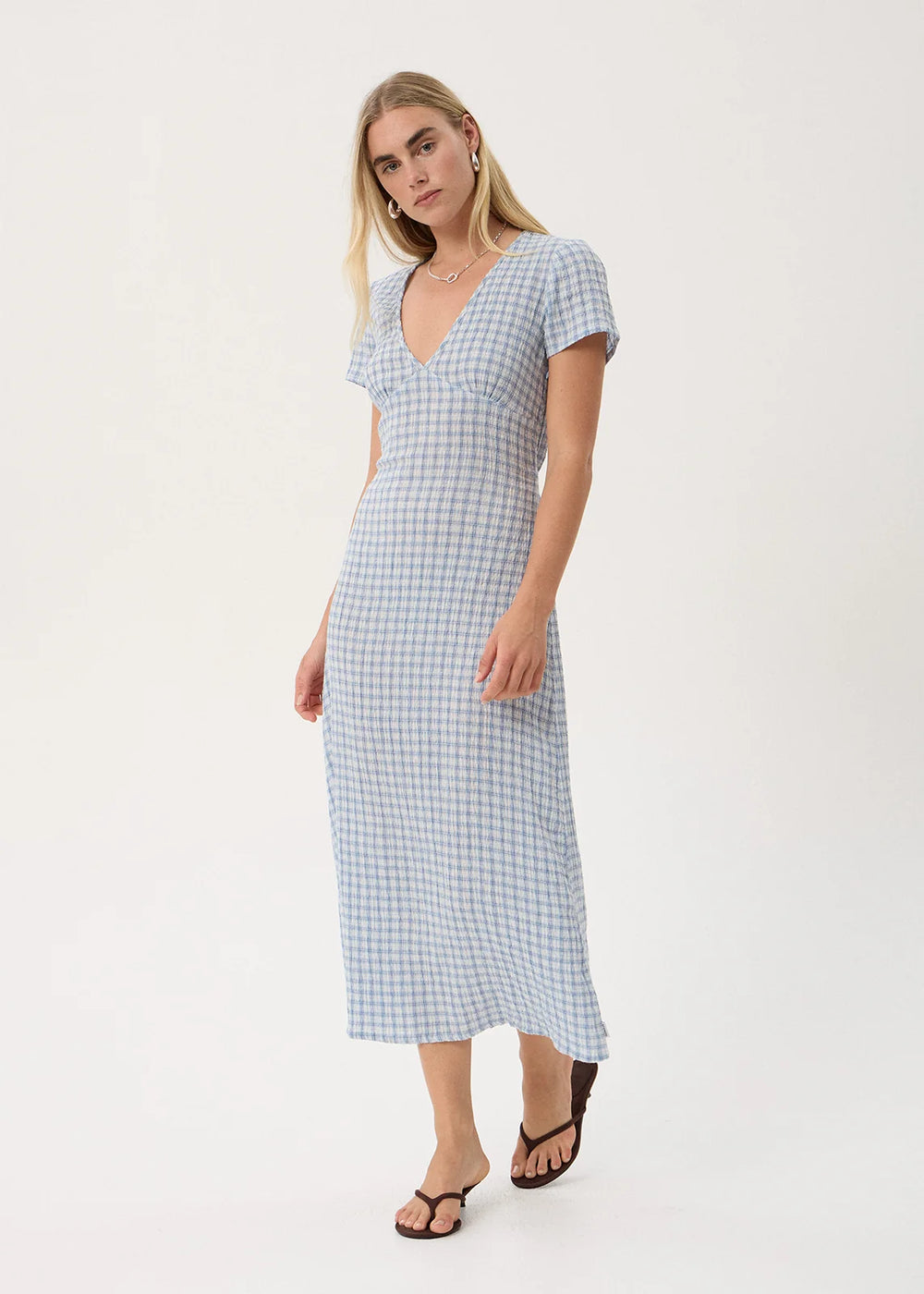 Womens Seersucker Maxi Dress Maeve - Powder Blue Check - AFENDS