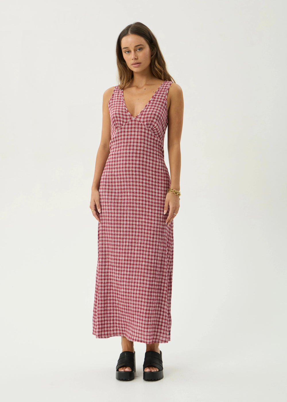 Womens Seersucker Maxi Dress Tully - Base Burgundy Check - AFENDS