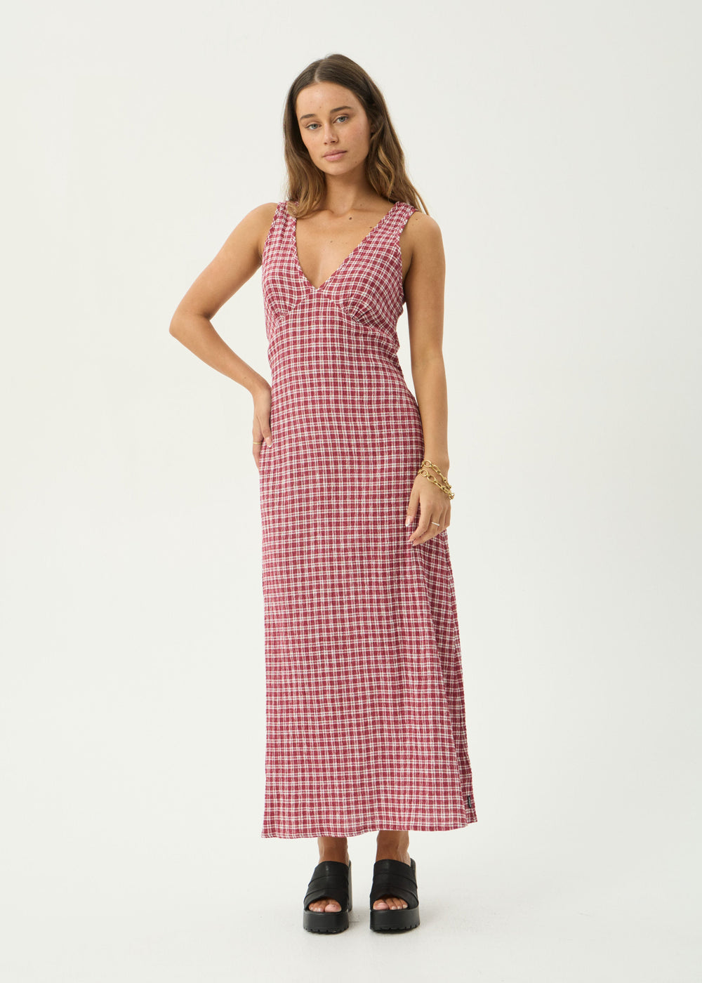 Womens Seersucker Maxi Dress Tully - Base Burgundy Check - AFENDS