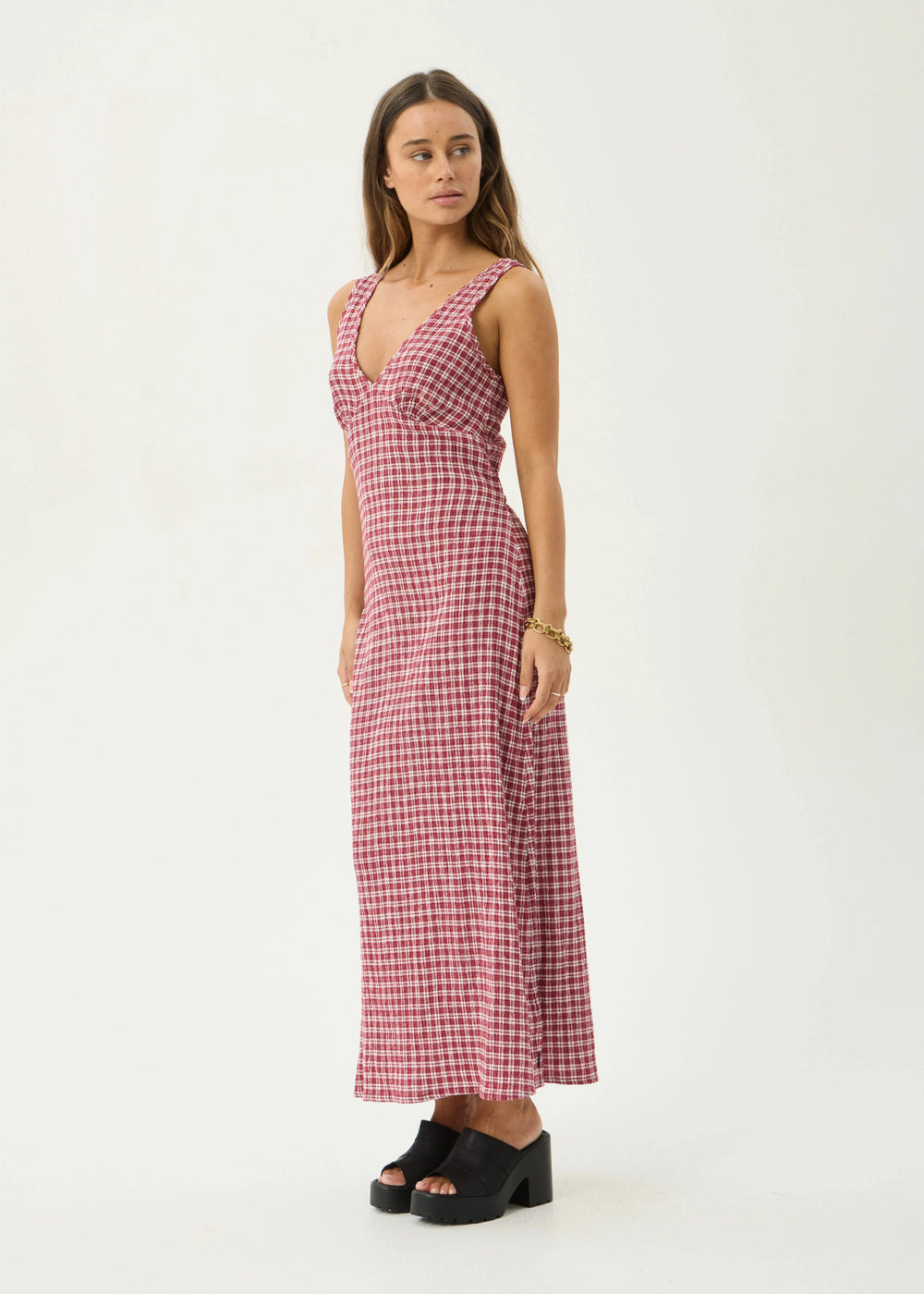Womens Seersucker Maxi Dress Tully - Base Burgundy Check - AFENDS