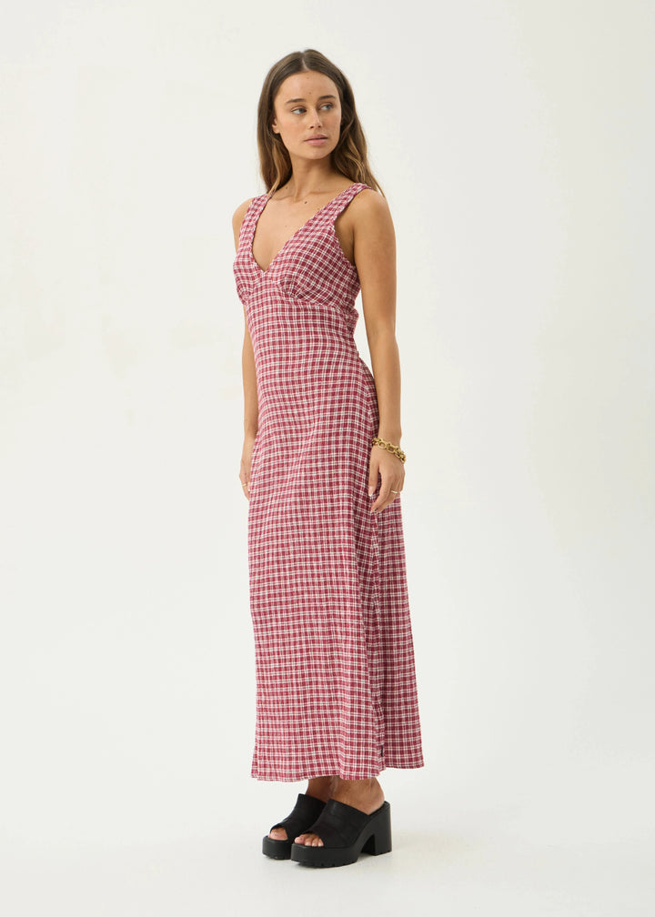 Tully Seersucker Maxi Dress – Burgundy Check