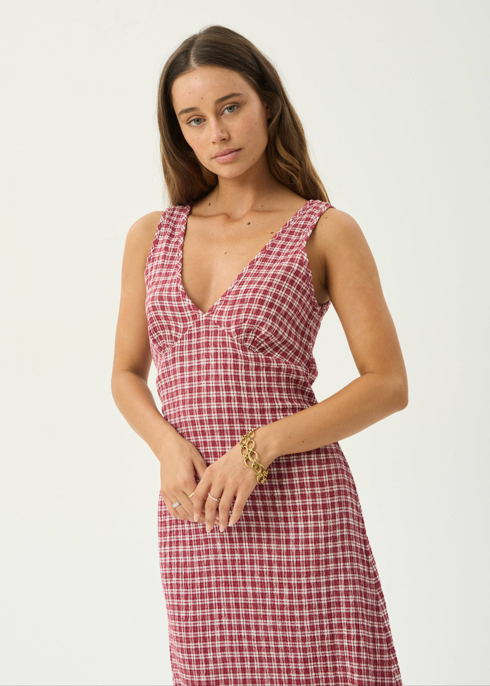 Womens Seersucker Maxi Dress Tully - Base Burgundy Check - AFENDS