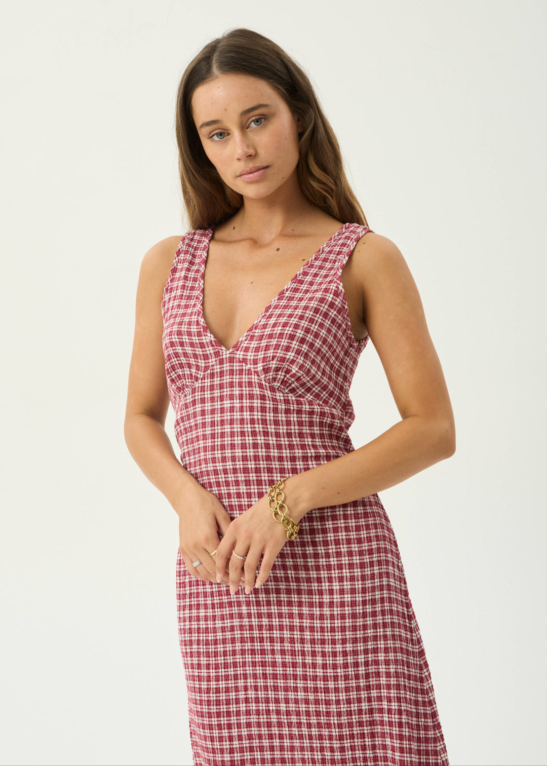 Tully Seersucker Maxi Dress – Burgundy Check