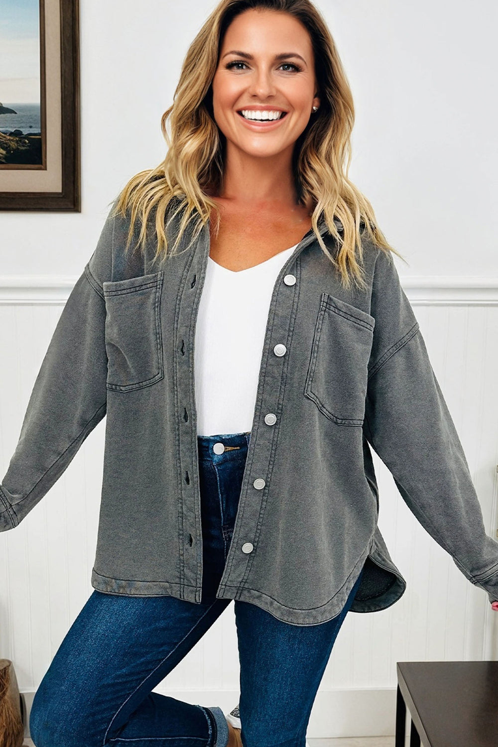 Medium Grey Mineral Wash Chest Pockets Drop Shoulder Shacket with S...