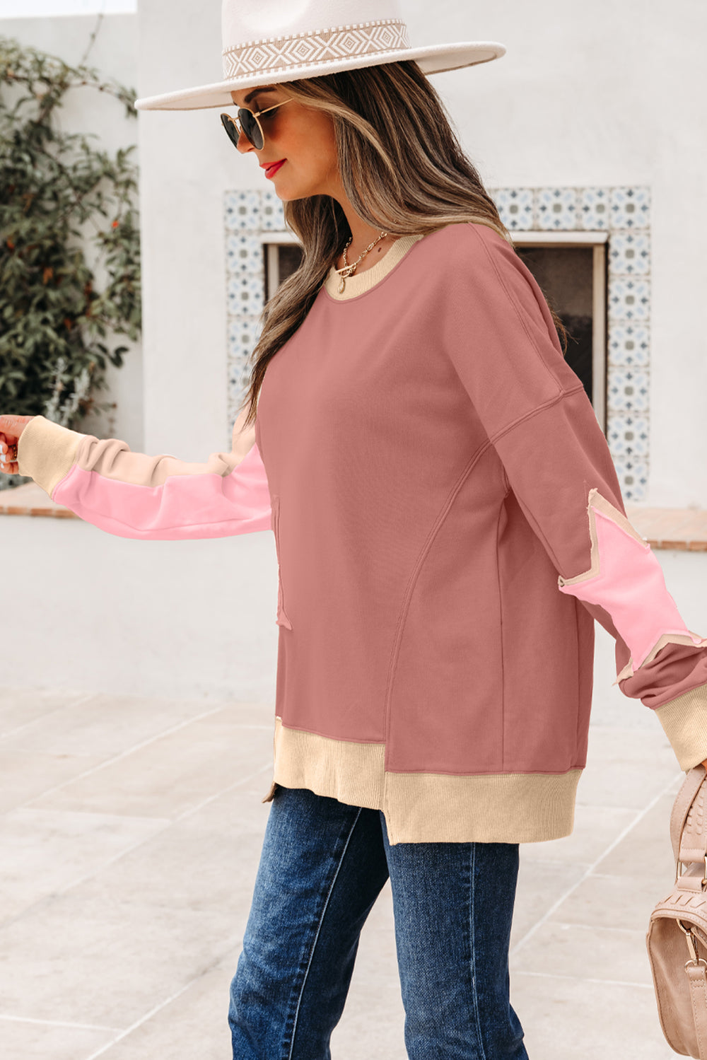 Sage Green Contrast Star Patchwork Exposed Seam Uneven Hem Drop Shoulder Sweatshirt