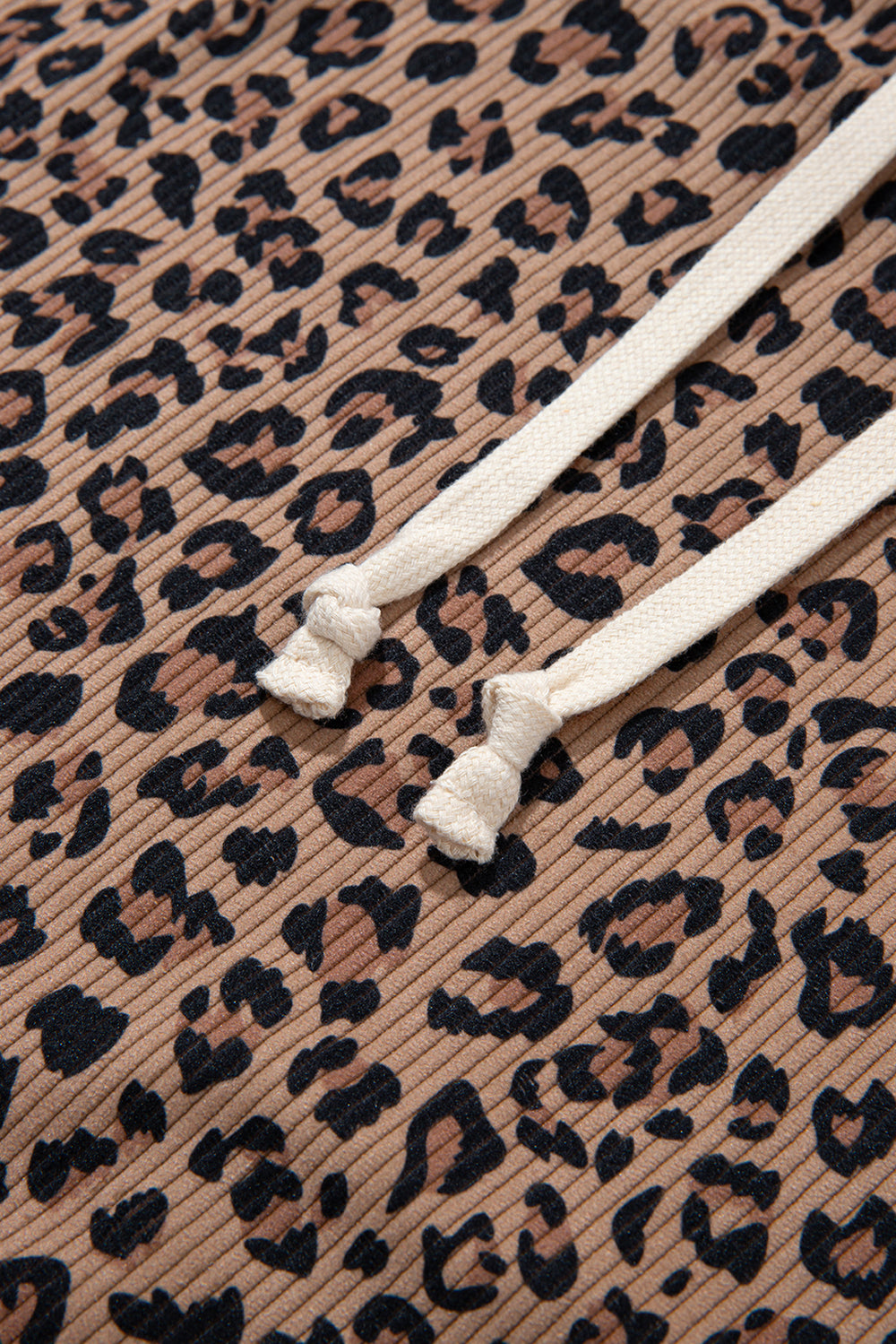 Khaki Ribbed Leopard Print Contrast Collar Zip Hooded Pullover Sweatshirt