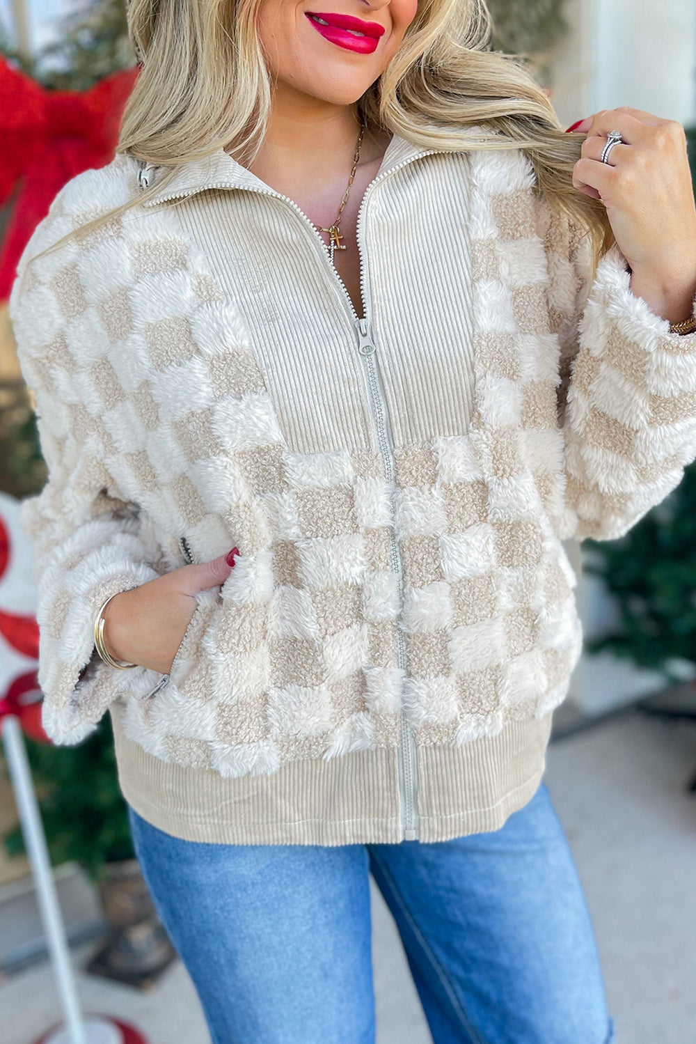Khaki Checker Sherpa Corduroy Patchwork Zip up Collared Jacket