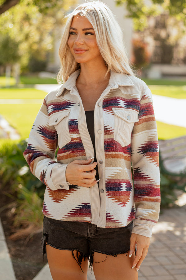 Multicolour Western Aztec Ribbed Patchwork Double Flap Pocket Raw H...