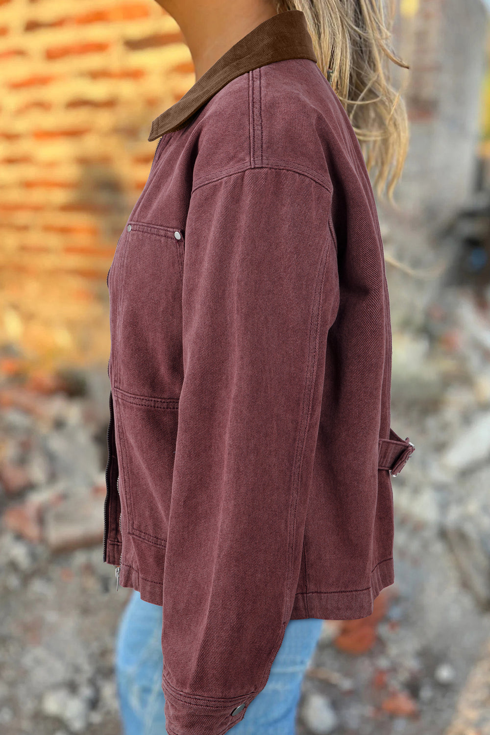 Coffee Corduroy Collar Zipped Front Denim Jacket - Denim Jacket