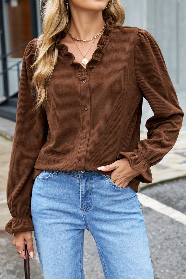 Coffee Solid Color Ruffle Trim V Neck Long Sleeve Button Corduroy S...