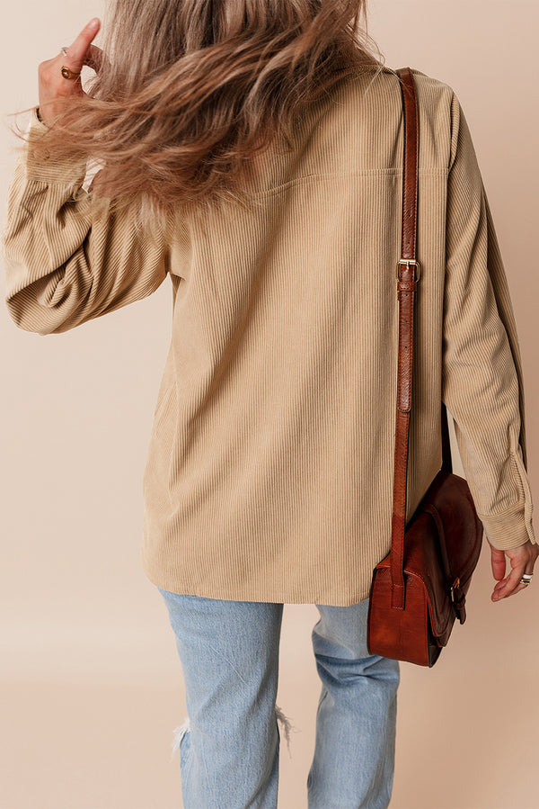 Light French Beige Solid Frilled Flap Pocket Button Up Corduroy Sha...