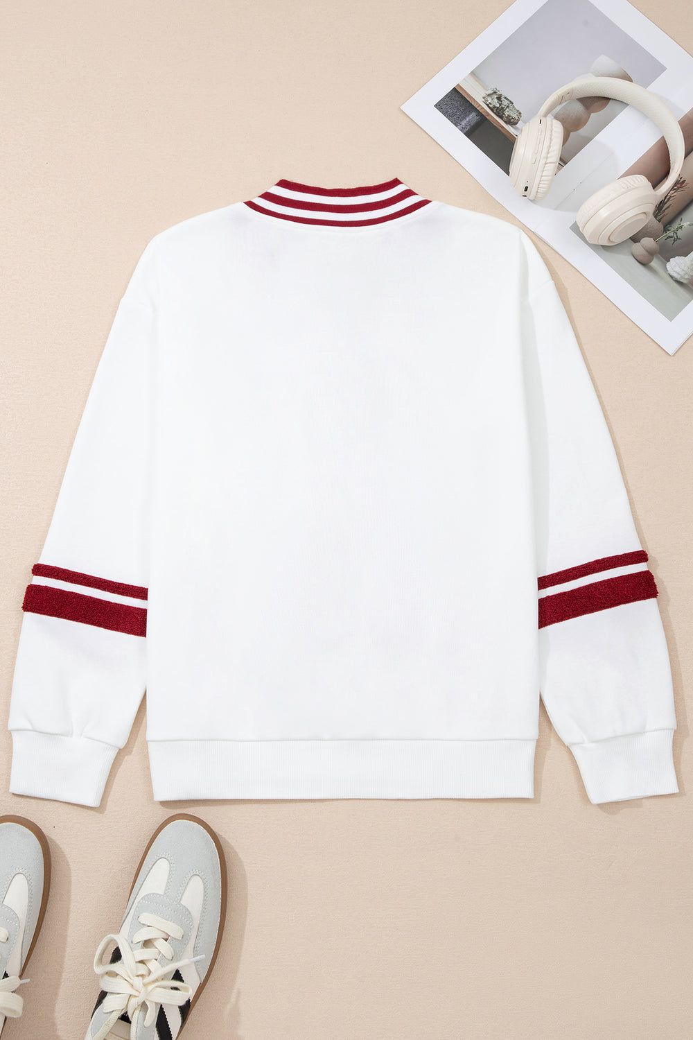 Red Dahlia Chenille Letter A Graphic Varsity Striped V Neck Puff Sl...