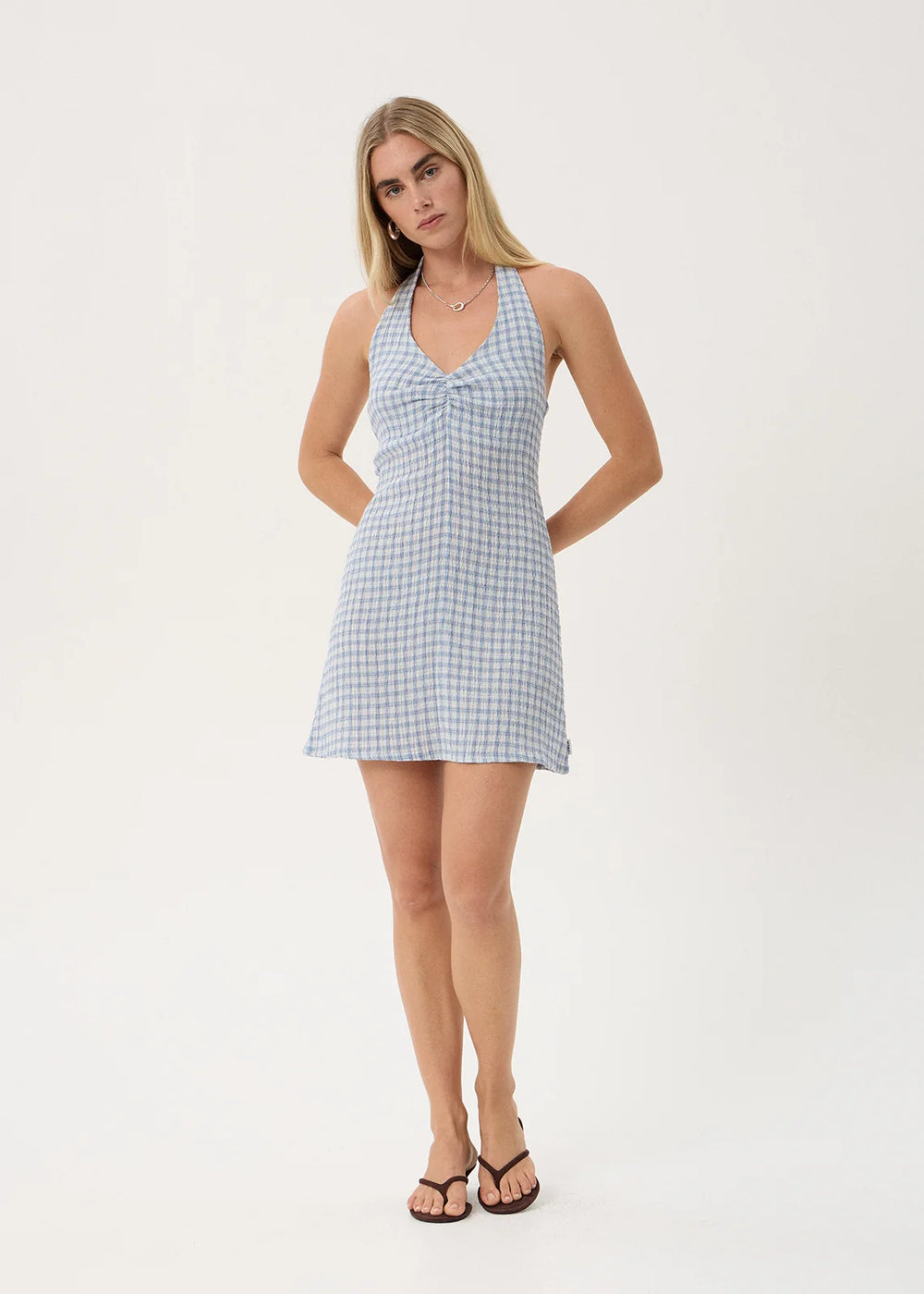 Womens Seersucker Halter Mini Dress Montana - Powder Blue Check - AFENDS