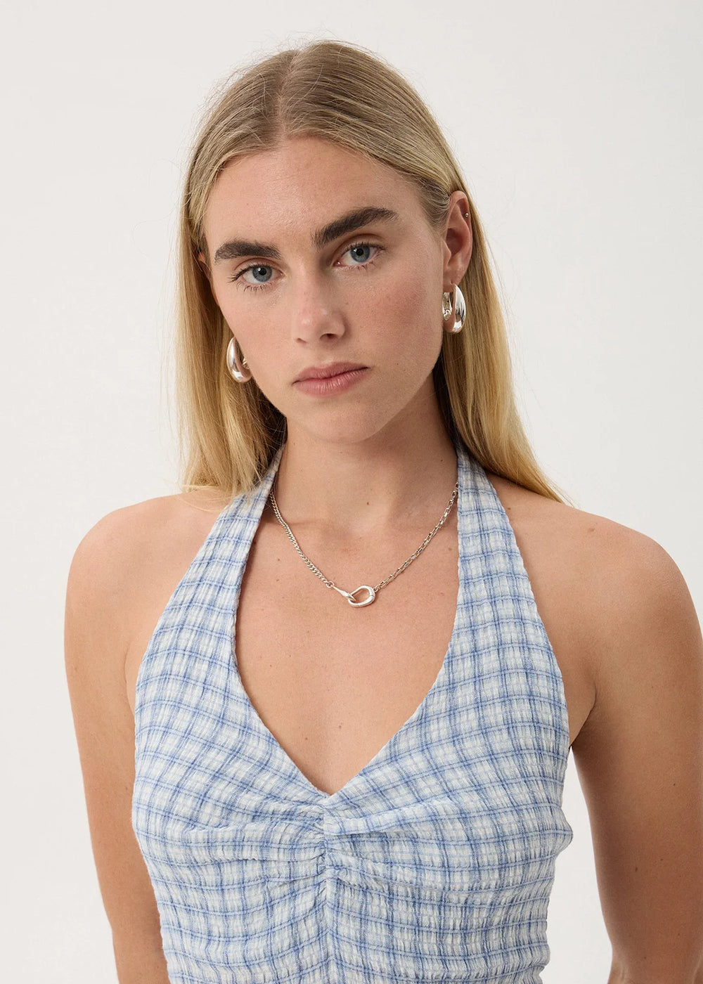 Womens Seersucker Halter Mini Dress Montana - Powder Blue Check - AFENDS